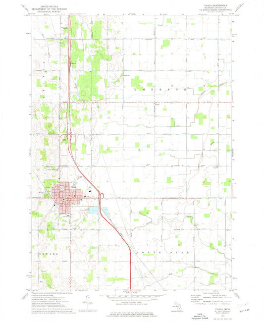 Classic USGS Ithaca Michigan 7.5'x7.5' Topo Map Image