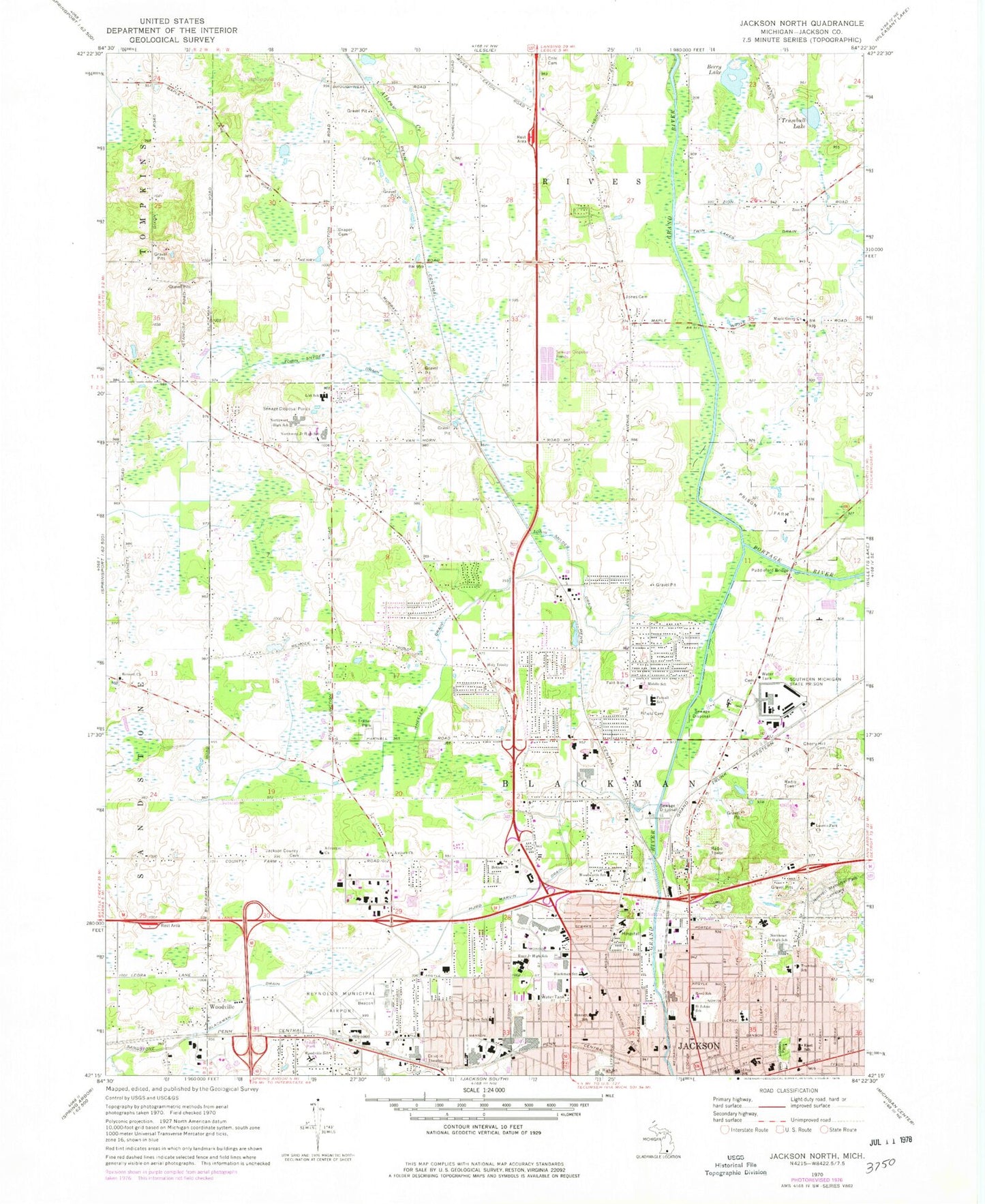 Classic USGS Jackson North Michigan 7.5'x7.5' Topo Map Image