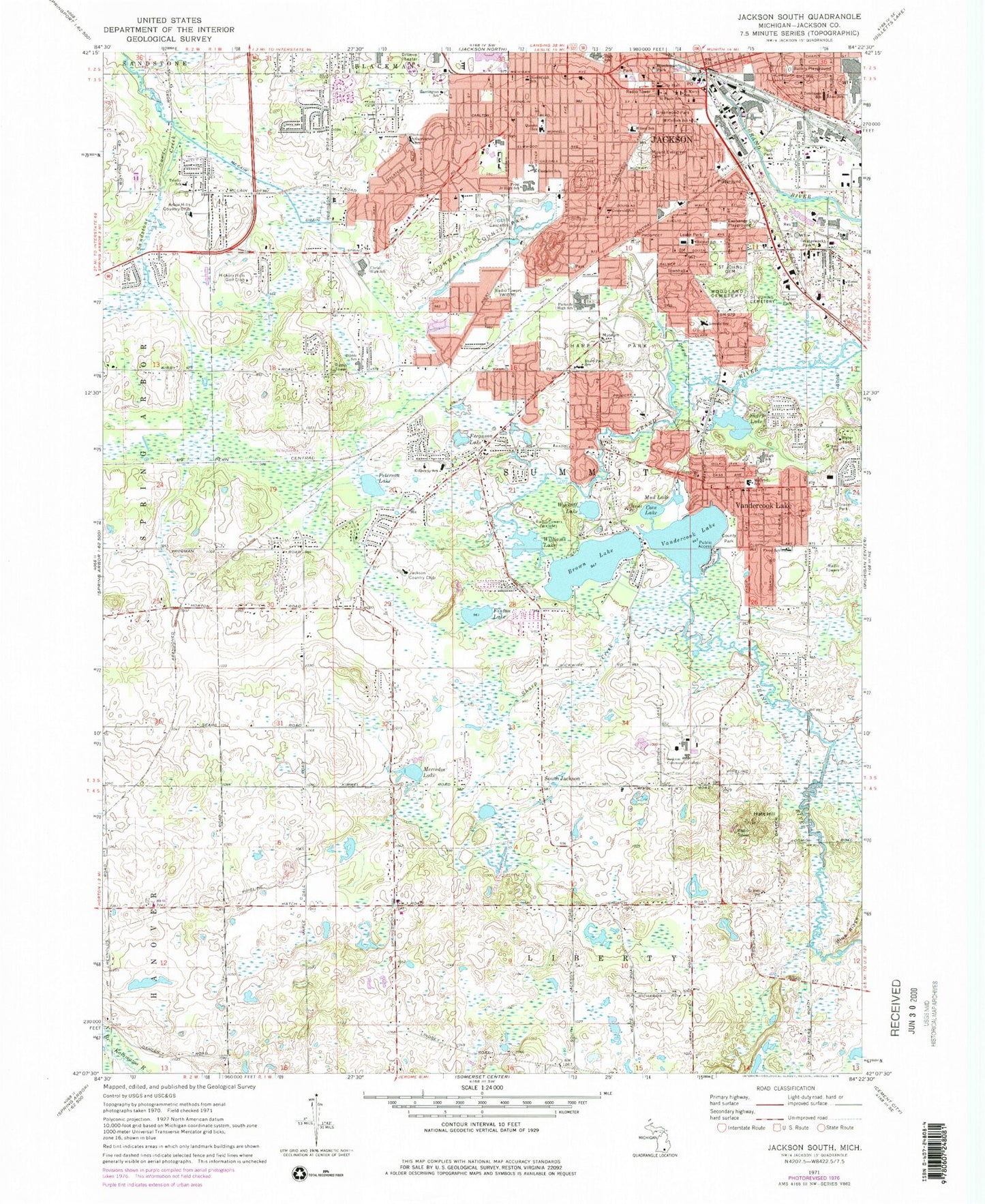 Classic USGS Jackson South Michigan 7.5'x7.5' Topo Map Image