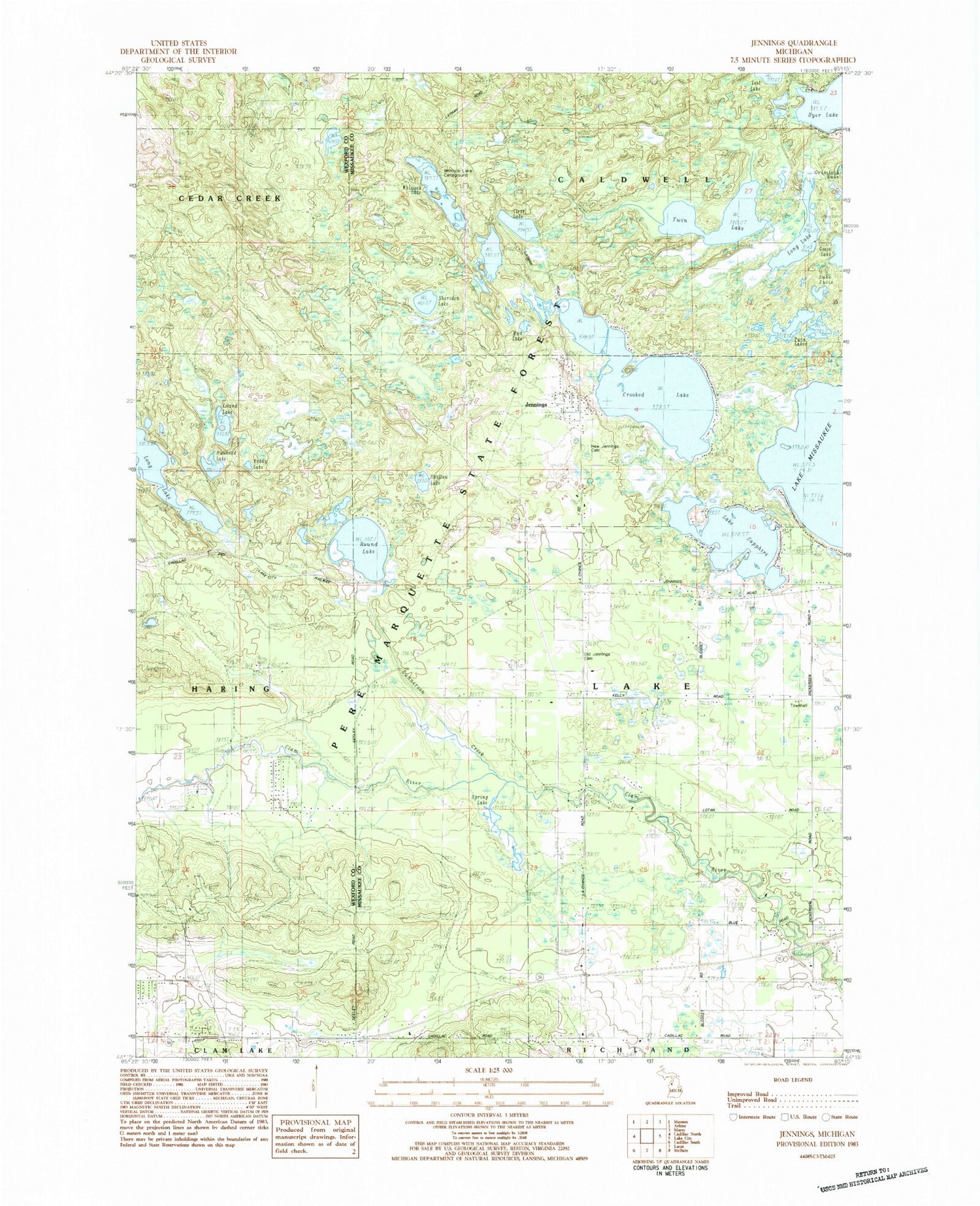 Classic USGS Jennings Michigan 7.5'x7.5' Topo Map Image