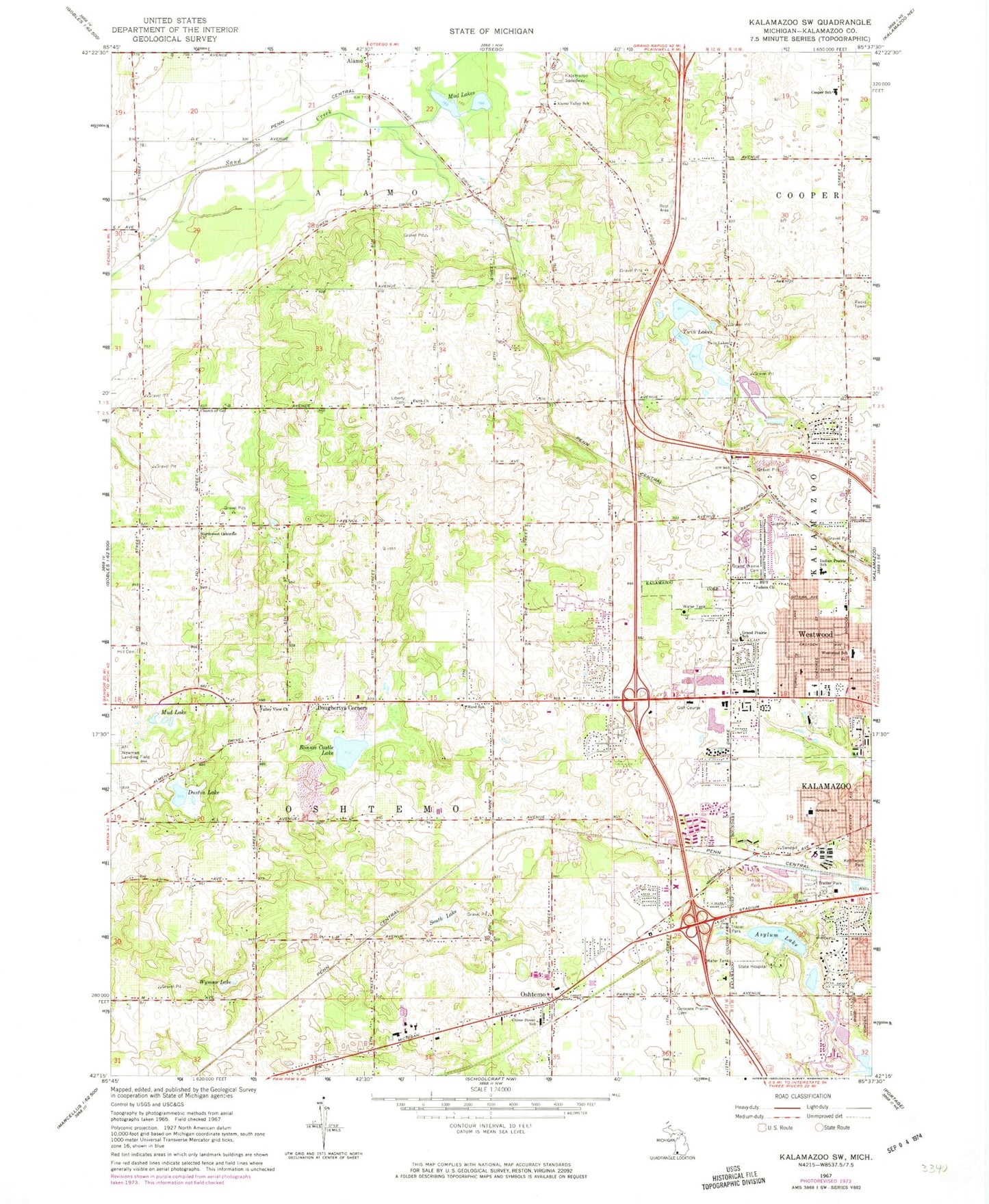 Classic USGS Kalamazoo SW Michigan 7.5'x7.5' Topo Map Image