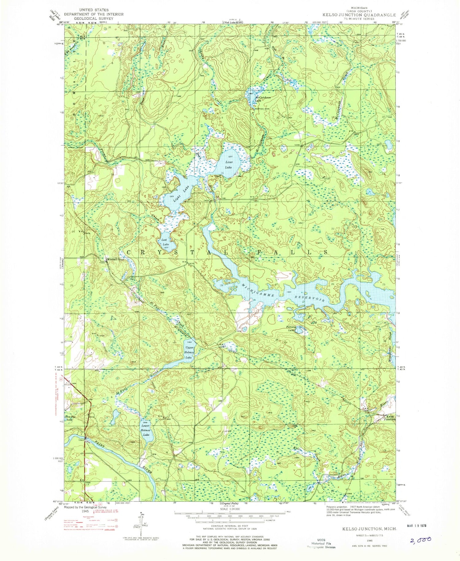 Classic USGS Kelso Junction Michigan 7.5'x7.5' Topo Map Image