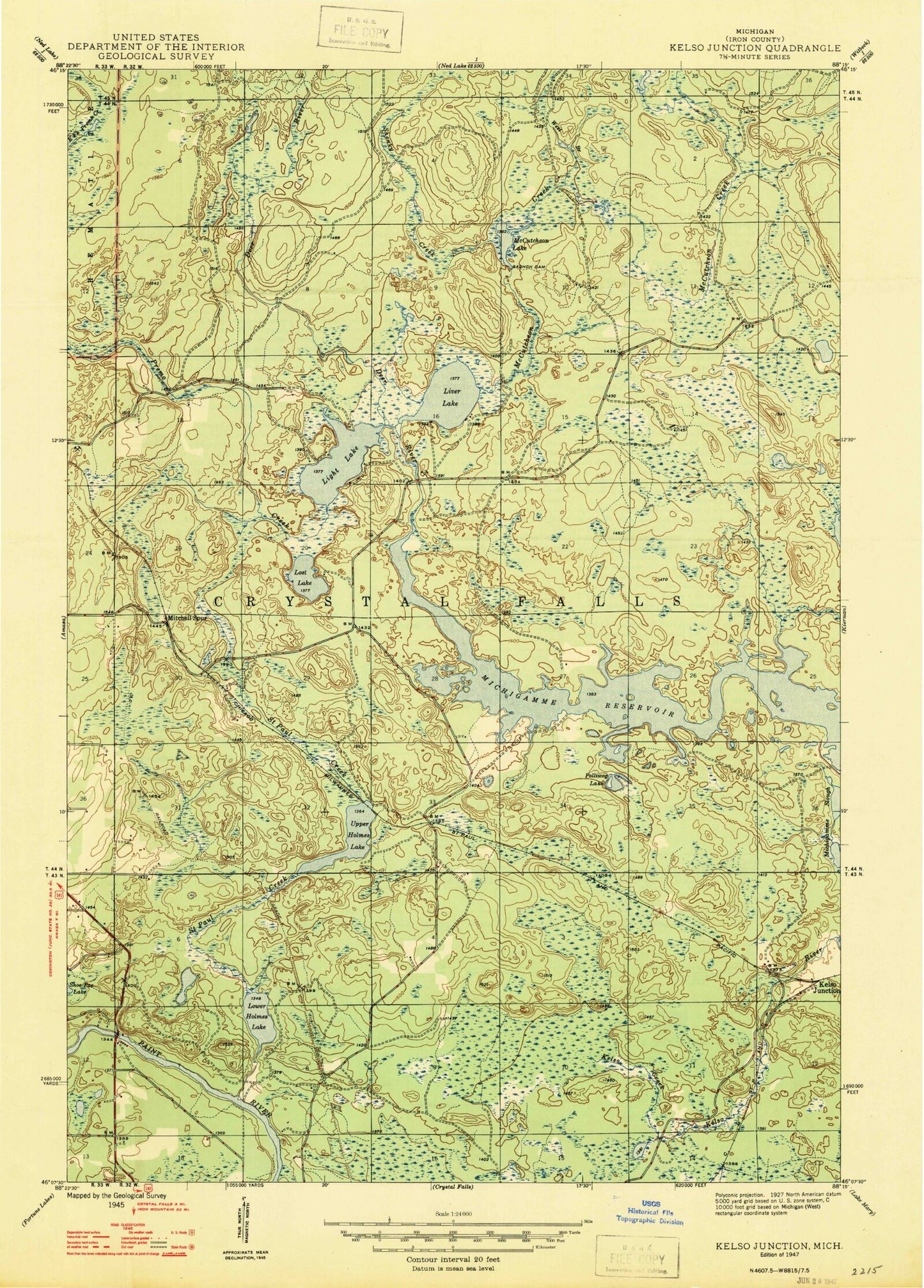 Classic USGS Kelso Junction Michigan 7.5'x7.5' Topo Map Image