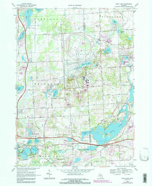 Classic USGS Kent Lake Michigan 7.5'x7.5' Topo Map Image
