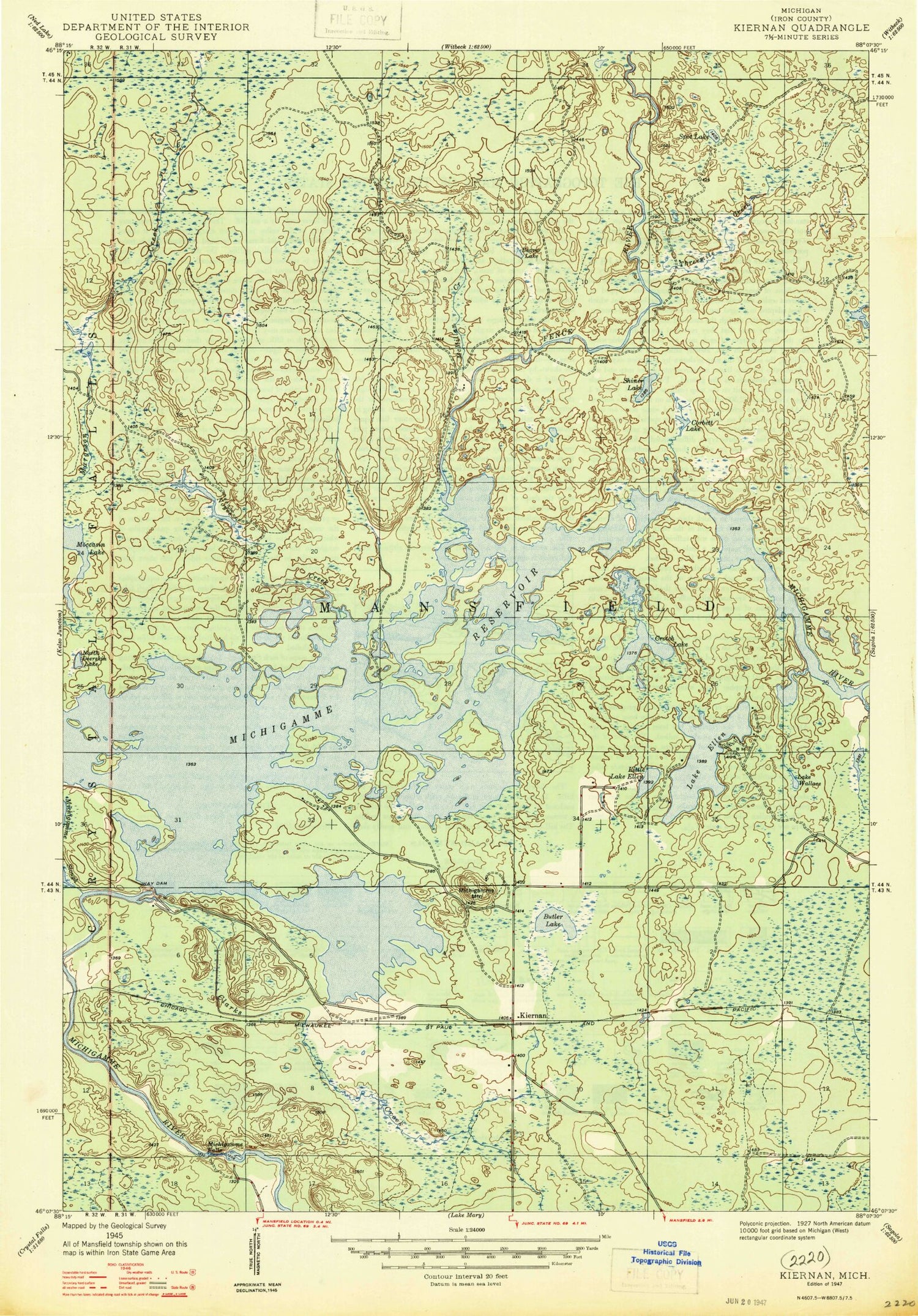 Classic USGS Kiernan Michigan 7.5'x7.5' Topo Map Image