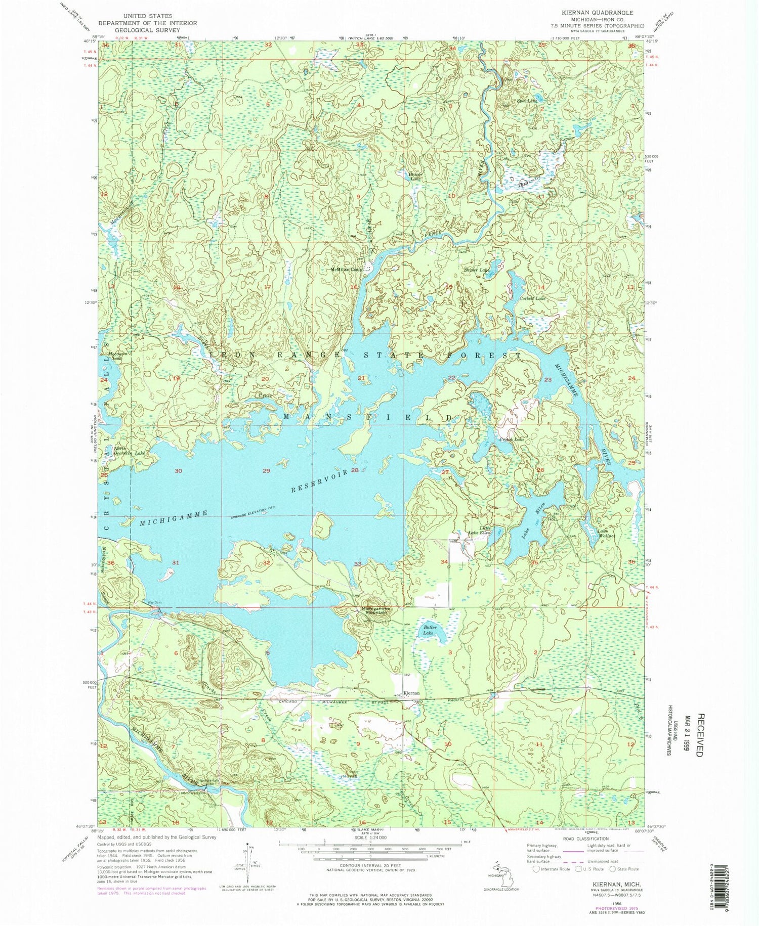 Classic USGS Kiernan Michigan 7.5'x7.5' Topo Map Image