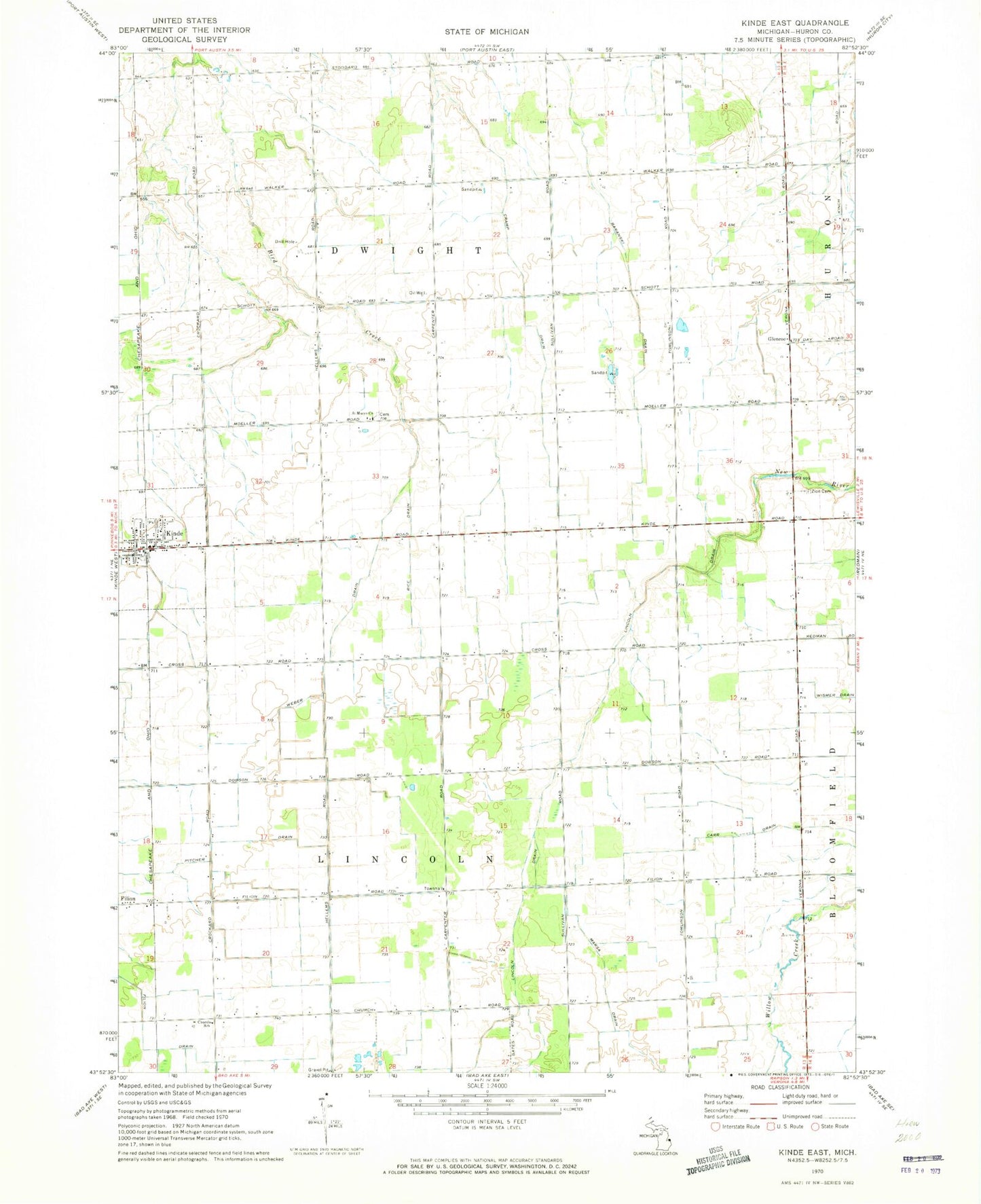 Classic USGS Kinde East Michigan 7.5'x7.5' Topo Map Image