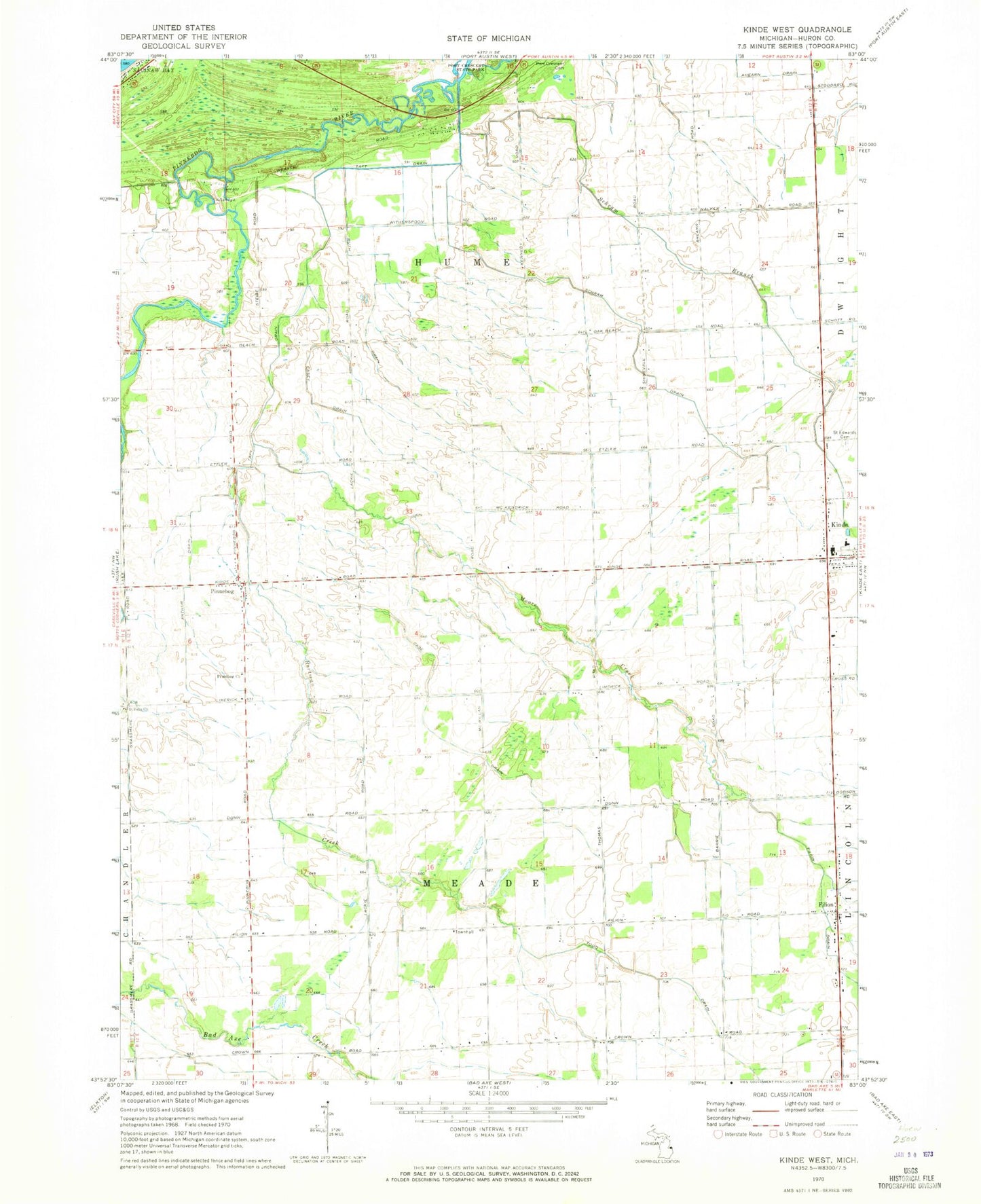 Classic USGS Kinde West Michigan 7.5'x7.5' Topo Map Image