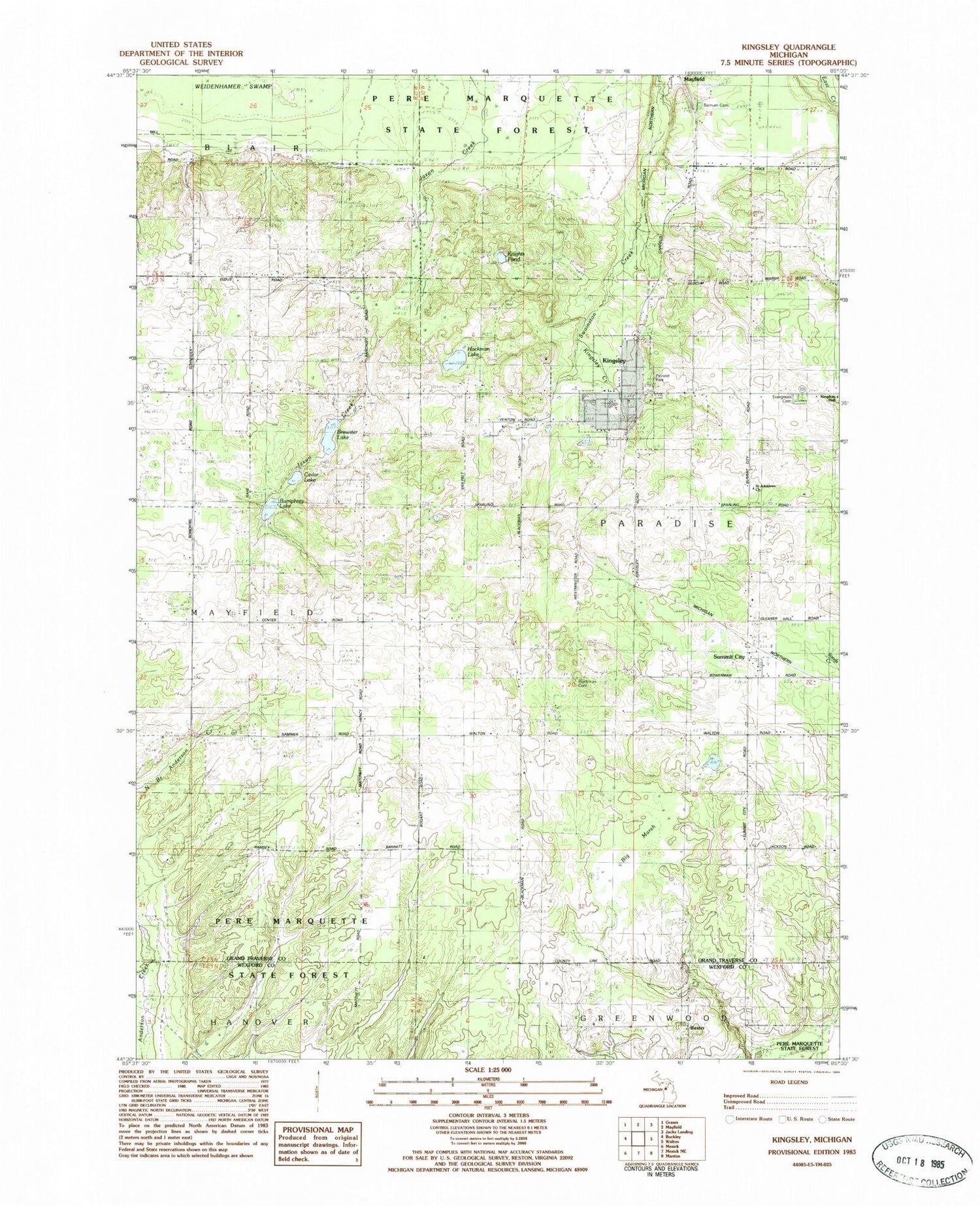 Classic USGS Kingsley Michigan 7.5'x7.5' Topo Map Image
