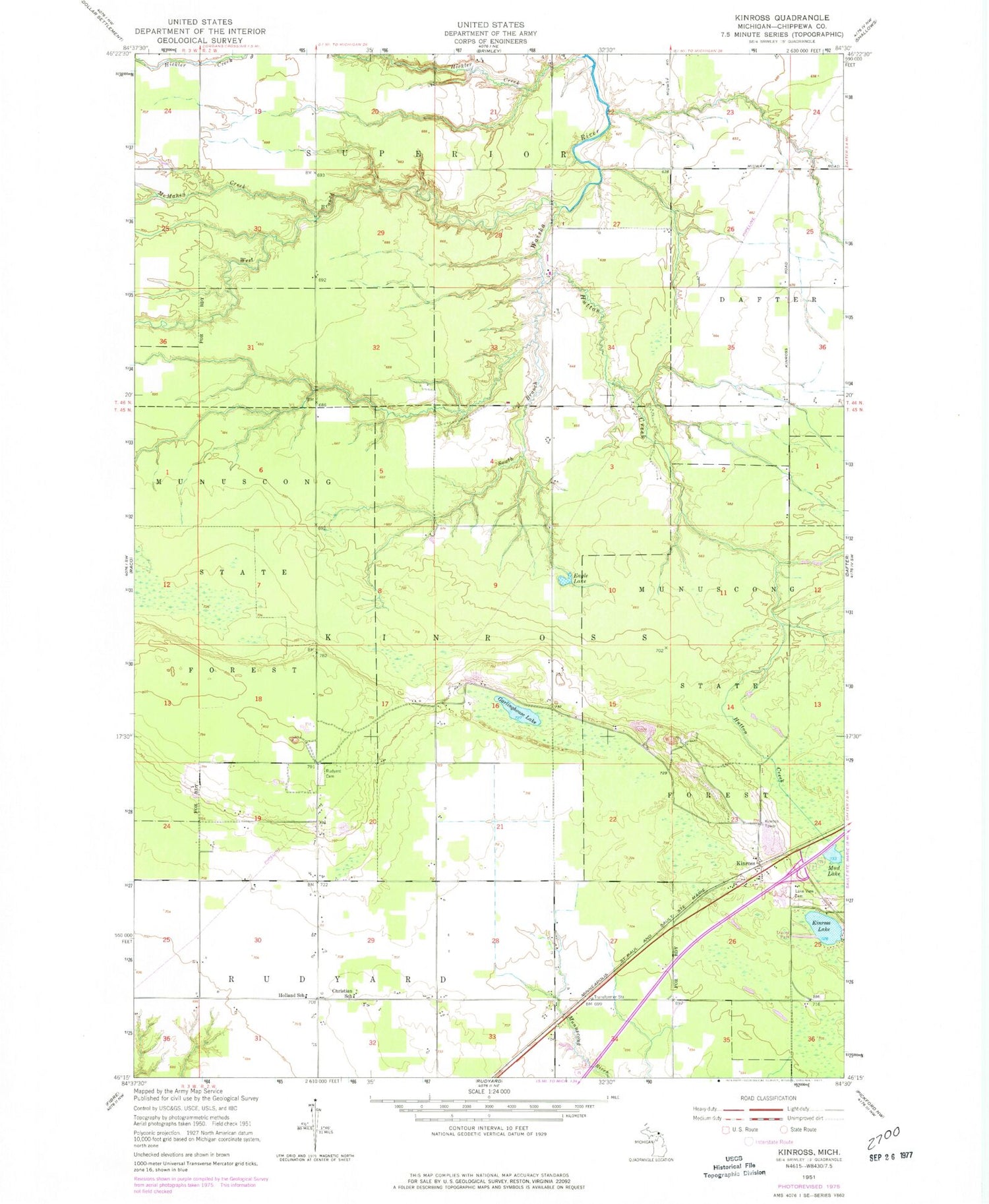 Classic USGS Kinross Michigan 7.5'x7.5' Topo Map Image
