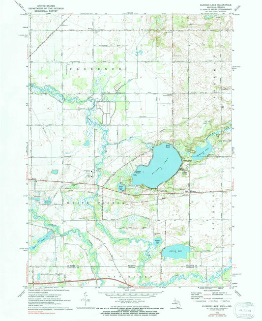 Classic USGS Klinger Lake Michigan 7.5'x7.5' Topo Map Image