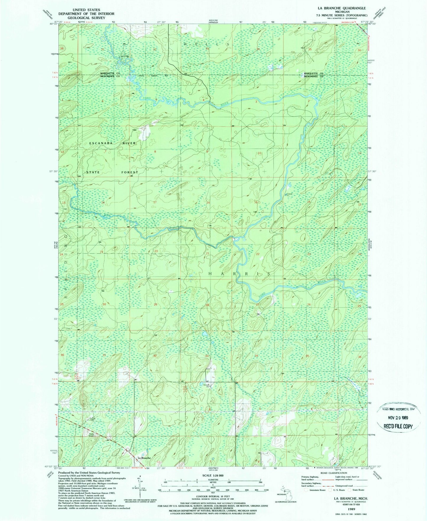 Classic USGS La Branche Michigan 7.5'x7.5' Topo Map Image