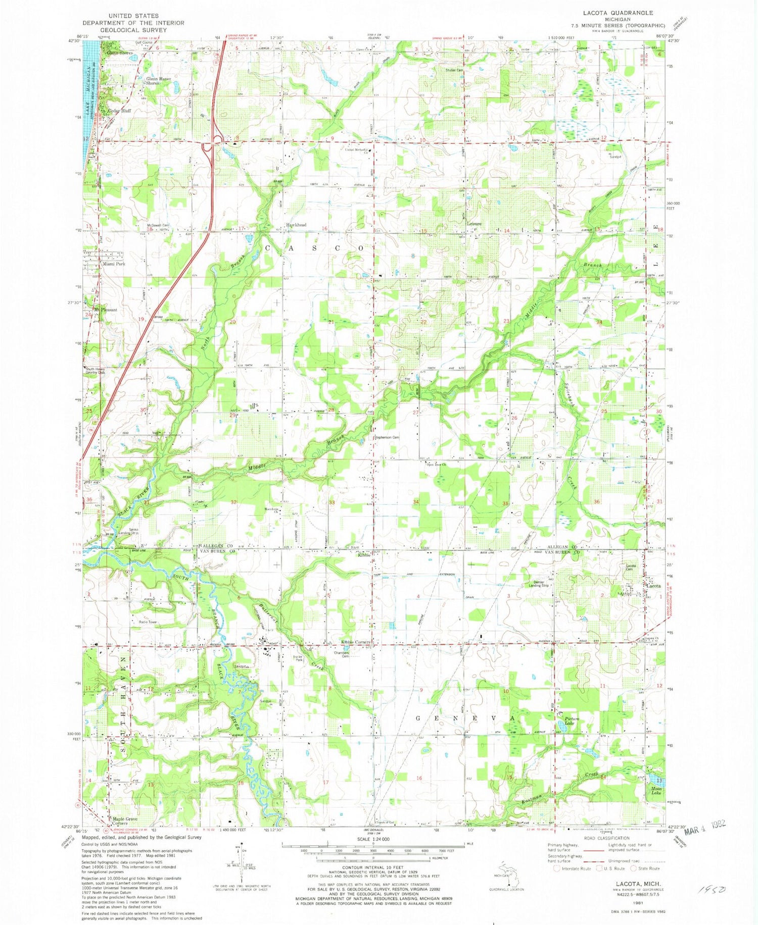 Classic USGS Lacota Michigan 7.5'x7.5' Topo Map Image