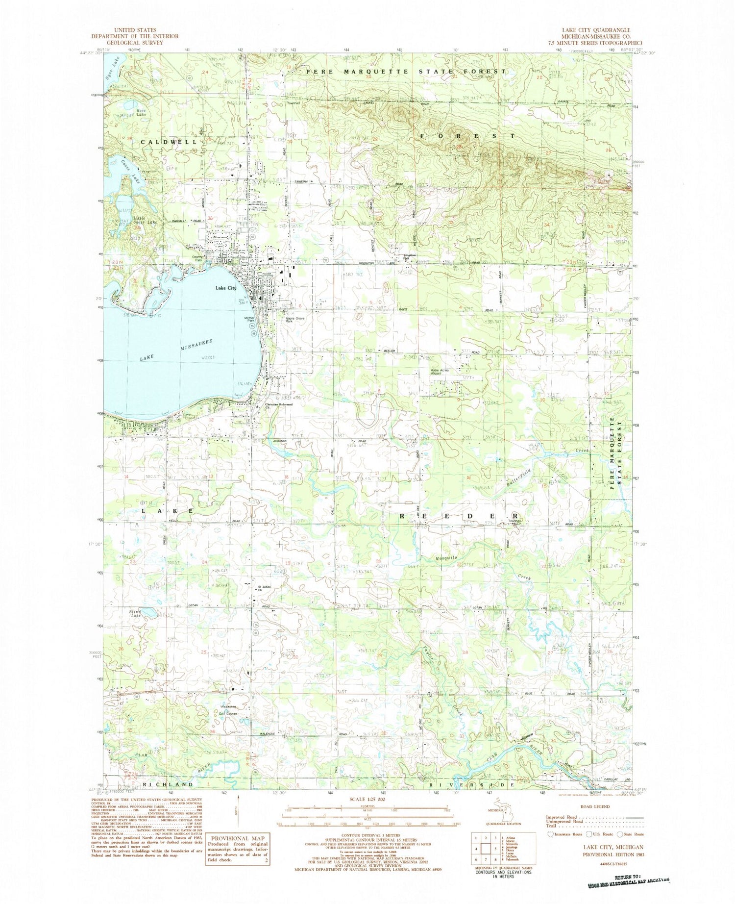 Classic USGS Lake City Michigan 7.5'x7.5' Topo Map Image
