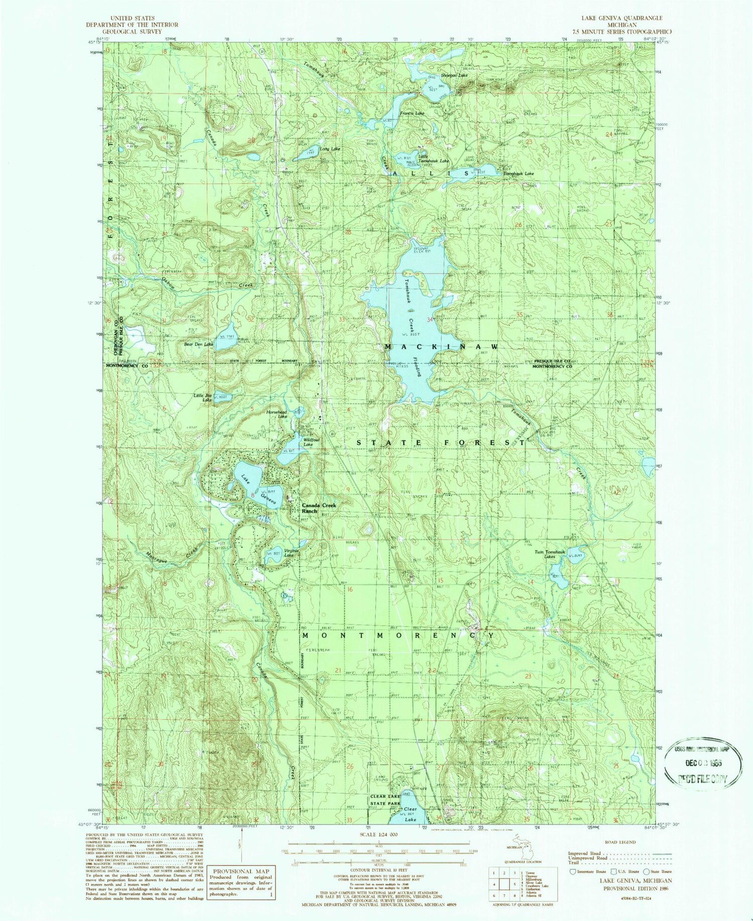 Classic USGS Lake Geneva Michigan 7.5'x7.5' Topo Map Image
