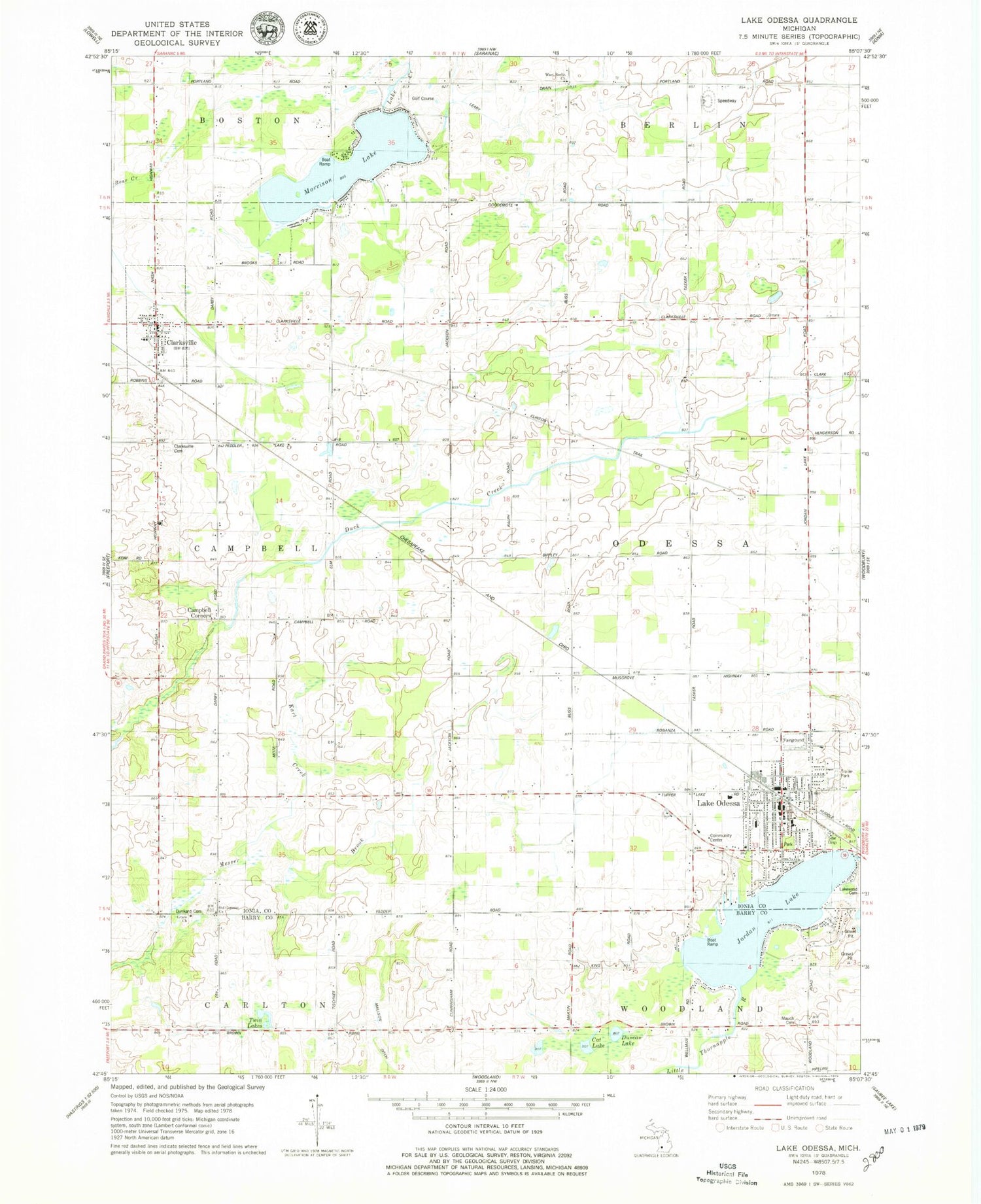 Classic USGS Lake Odessa Michigan 7.5'x7.5' Topo Map Image