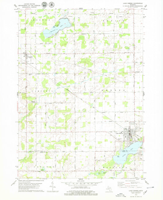 Classic USGS Lake Odessa Michigan 7.5'x7.5' Topo Map Image