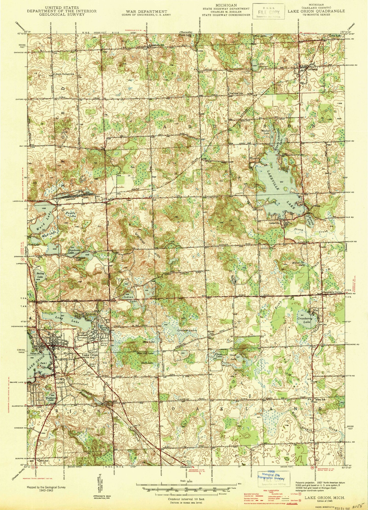 USGS Classic Lake Orion Michigan 7.5'x7.5' Topo Map Image
