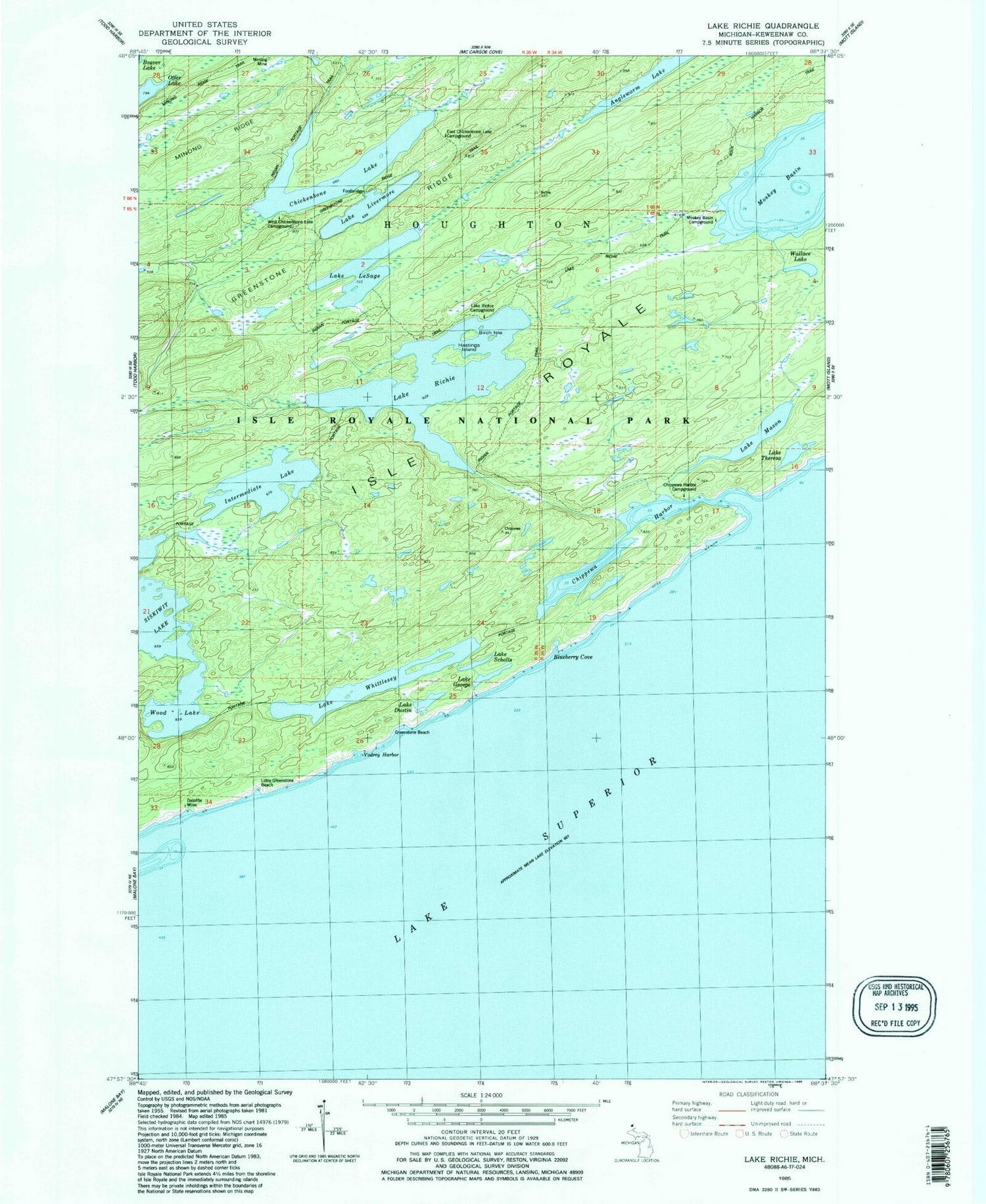 Classic USGS Lake Richie Michigan 7.5'x7.5' Topo Map Image