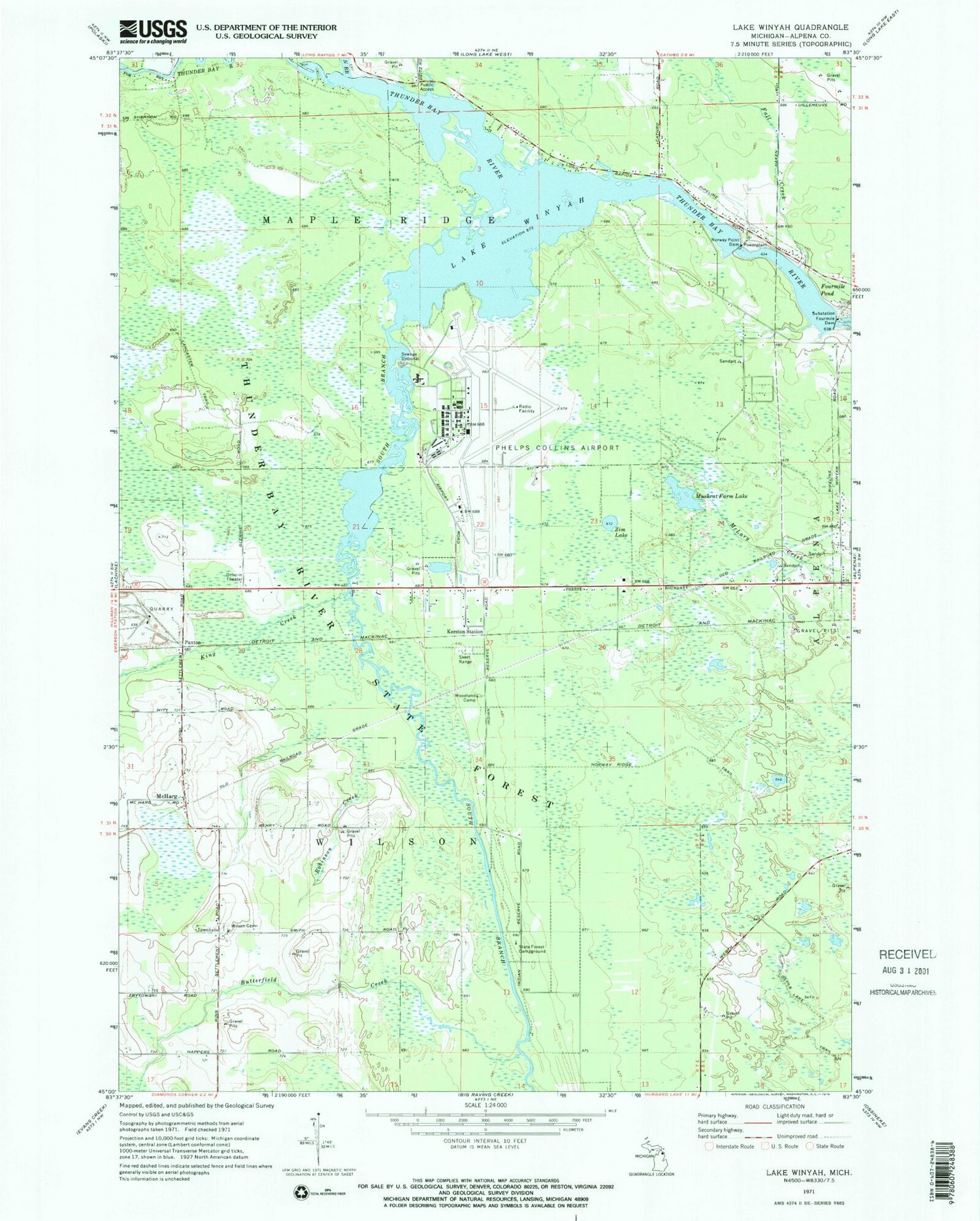 Classic USGS Lake Winyah Michigan 7.5'x7.5' Topo Map Image