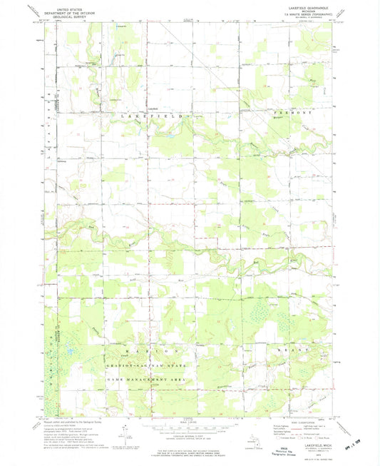 Classic USGS Lakefield Michigan 7.5'x7.5' Topo Map Image