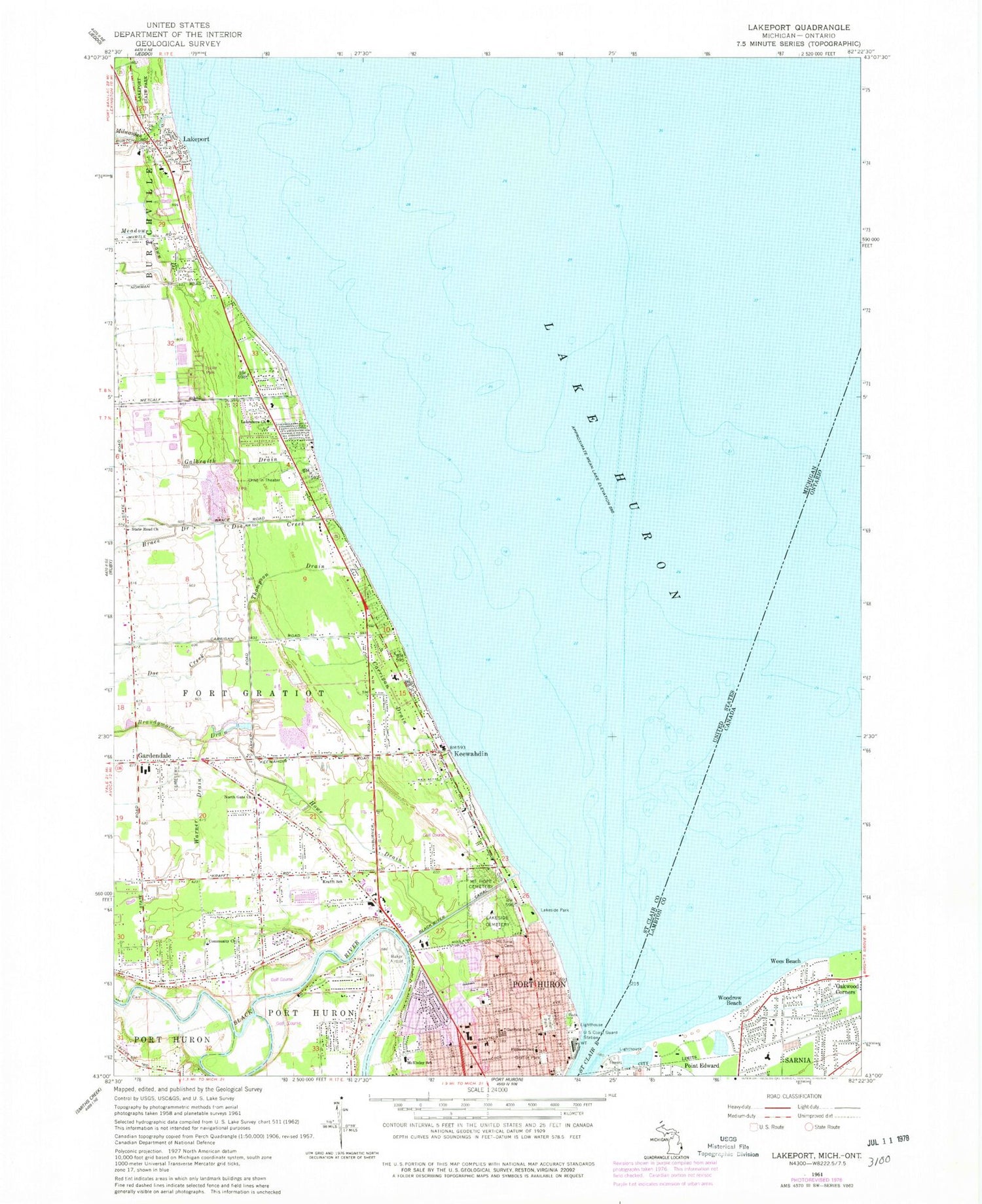 Classic USGS Lakeport Michigan 7.5'x7.5' Topo Map Image