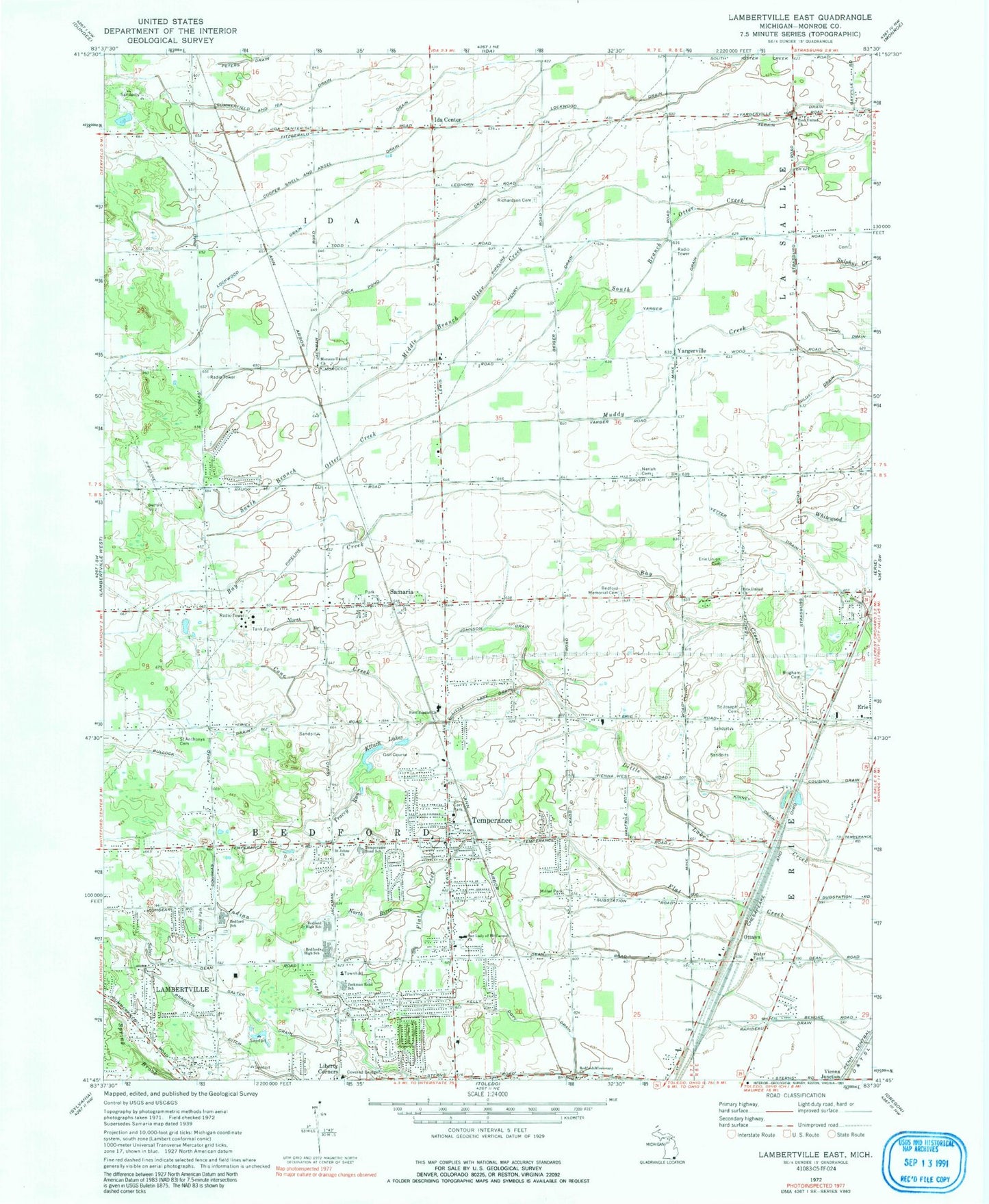 Classic USGS Lambertville East Michigan 7.5'x7.5' Topo Map Image