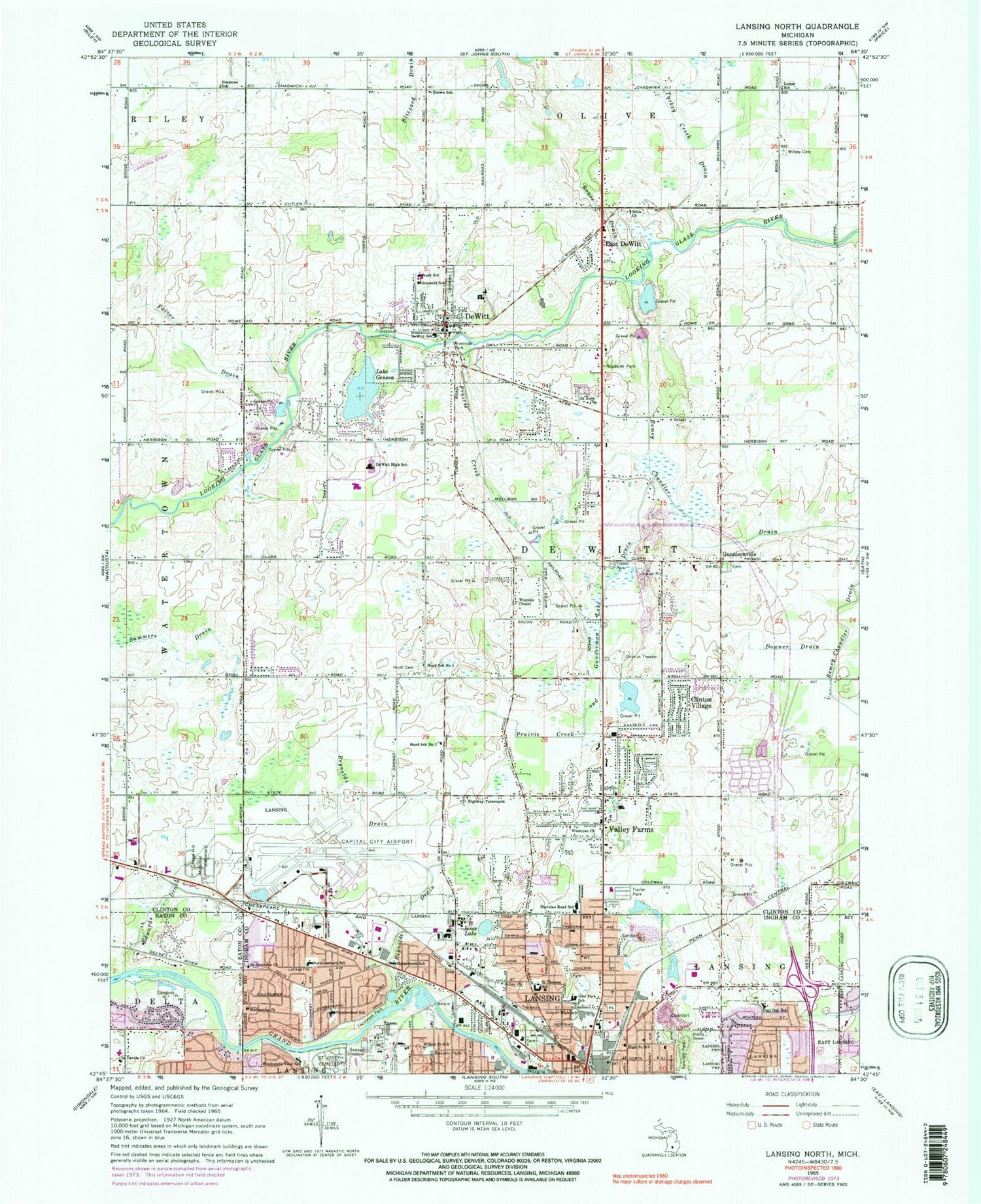 Classic USGS Lansing North Michigan 7.5'x7.5' Topo Map Image