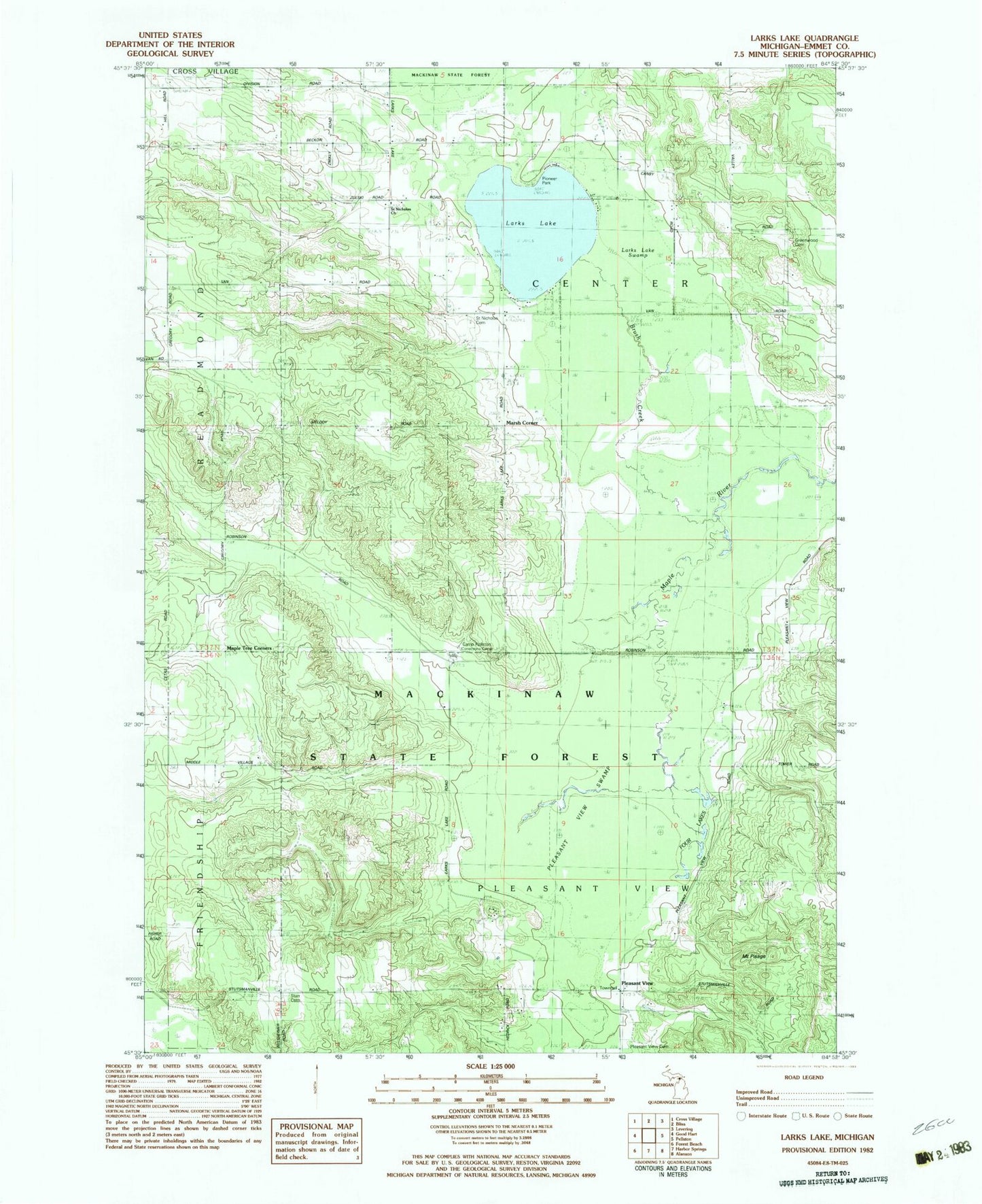 Classic USGS Larks Lake Michigan 7.5'x7.5' Topo Map Image