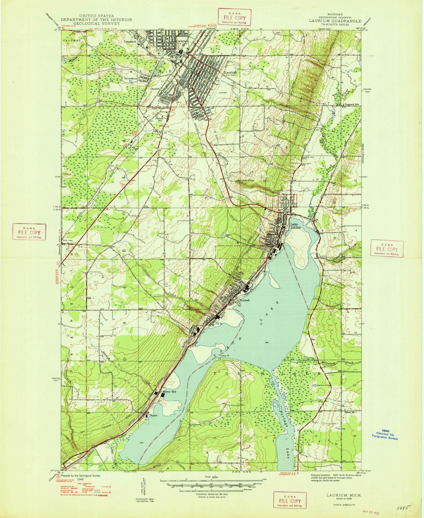 Classic USGS Laurium Michigan 7.5'x7.5' Topo Map Image