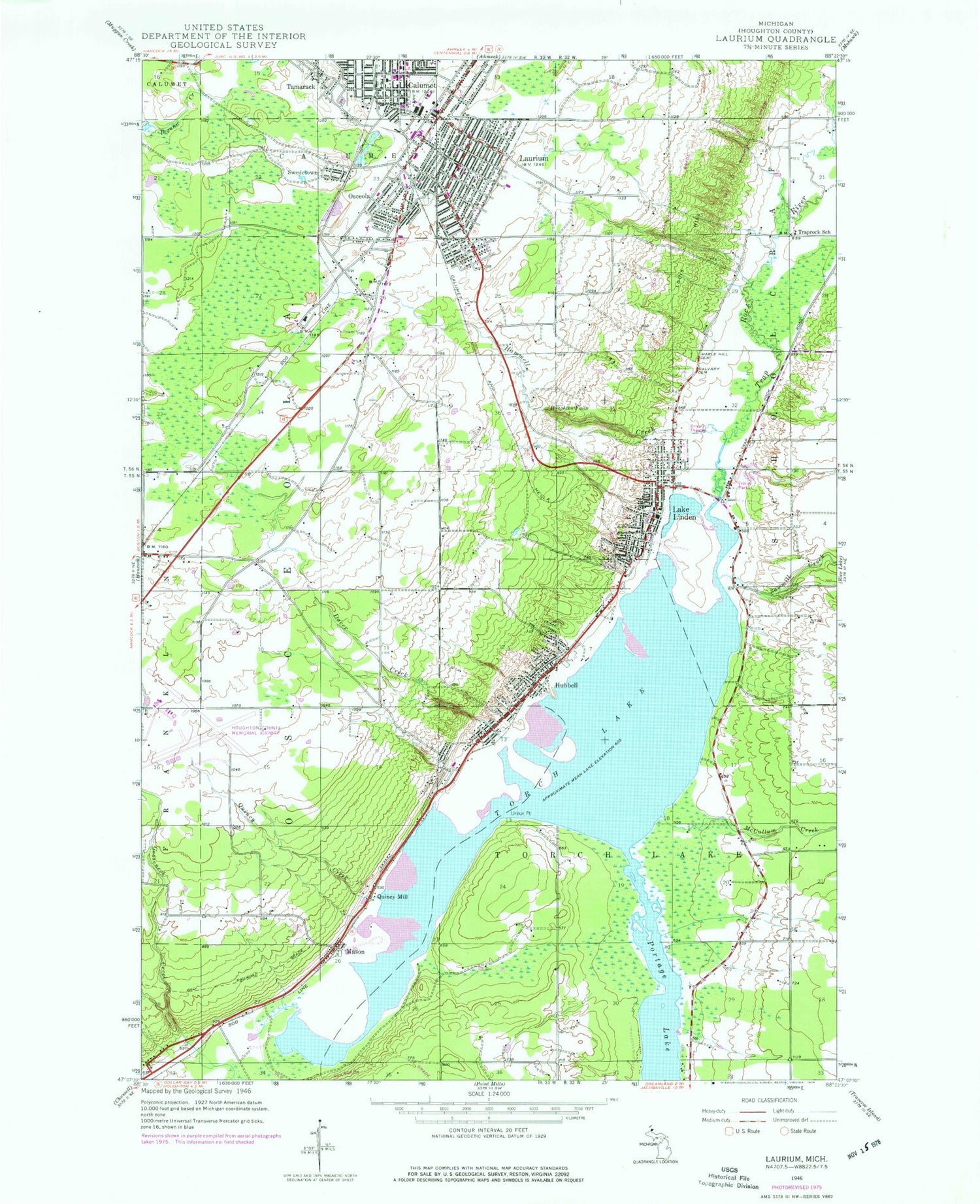 Classic USGS Laurium Michigan 7.5'x7.5' Topo Map Image