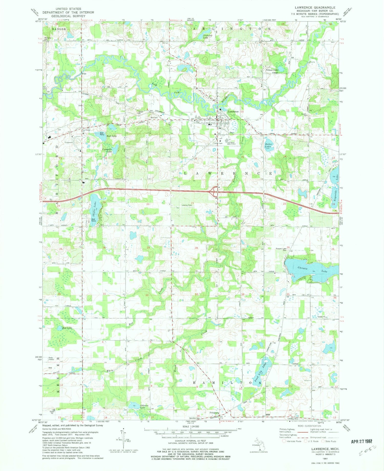 Classic USGS Lawrence Michigan 7.5'x7.5' Topo Map Image