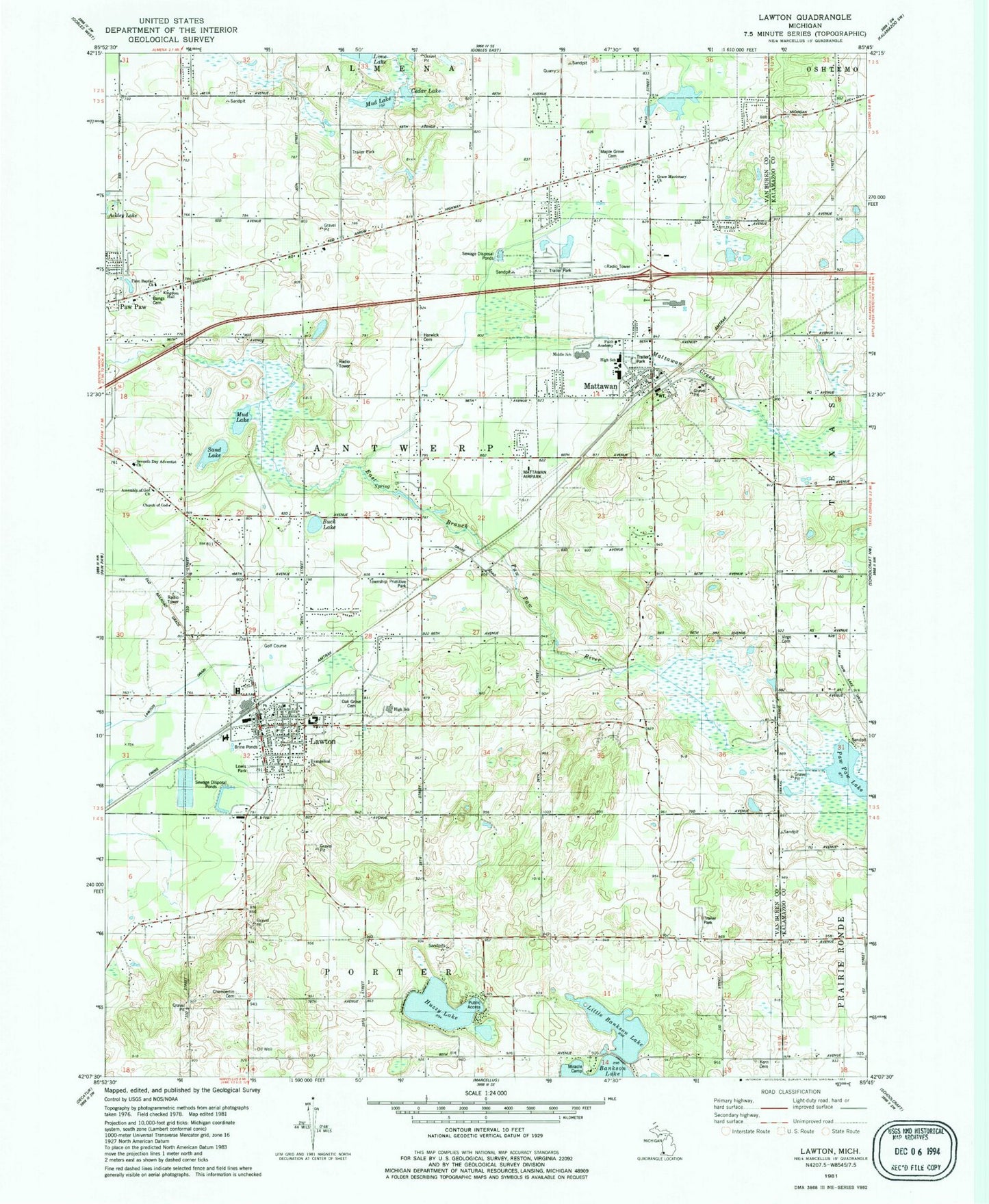 Classic USGS Lawton Michigan 7.5'x7.5' Topo Map Image