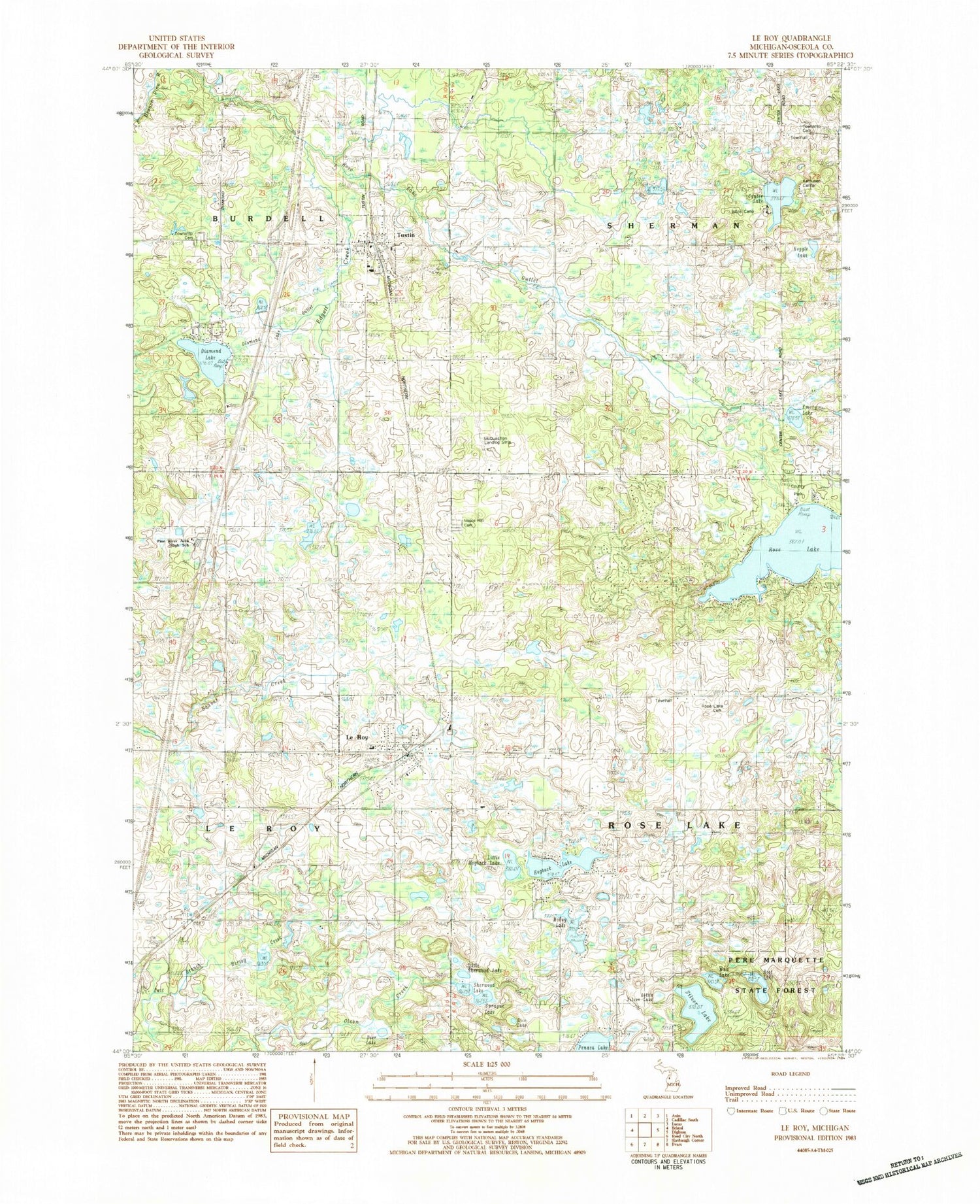 Classic USGS Le Roy Michigan 7.5'x7.5' Topo Map Image