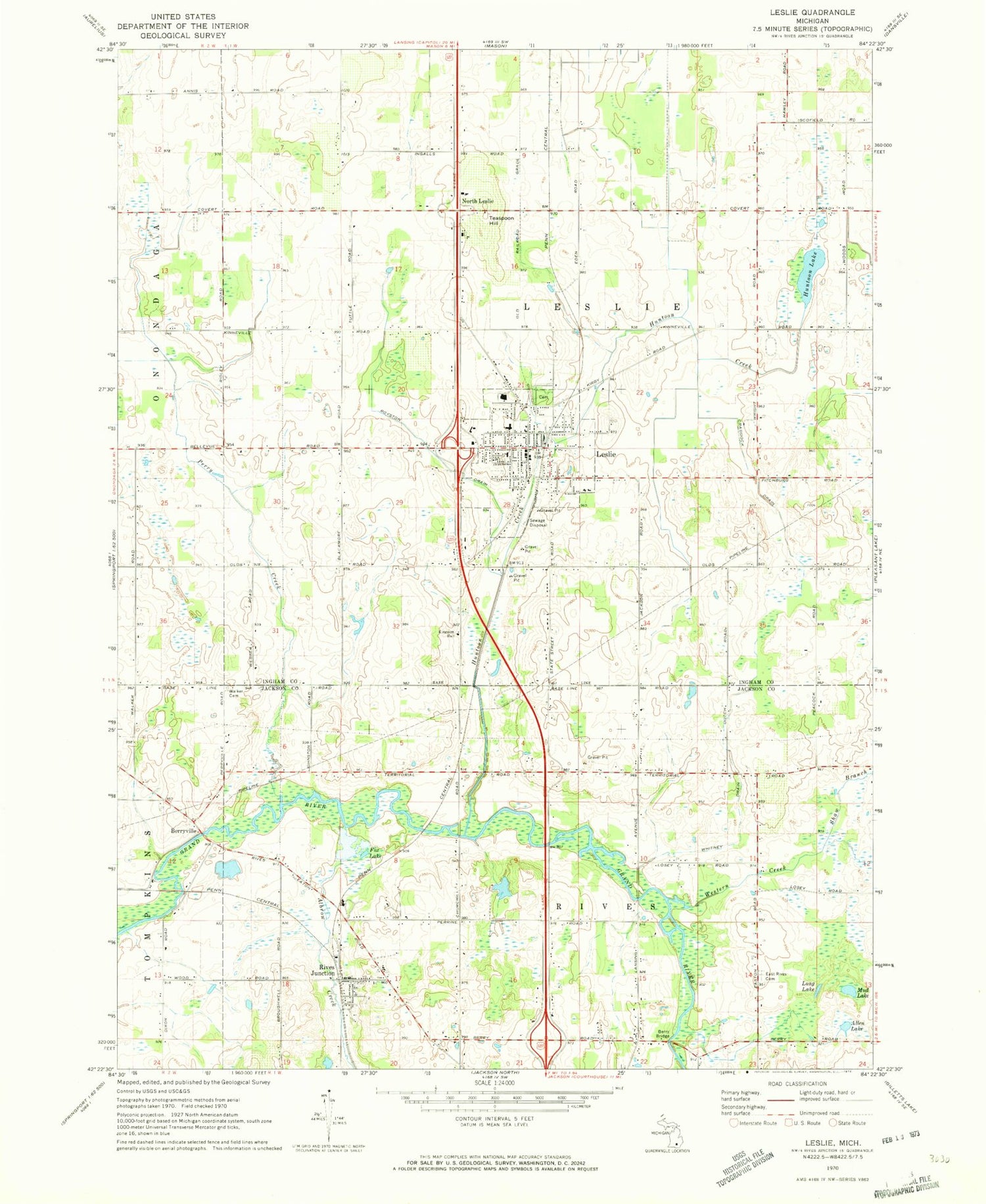 Classic USGS Leslie Michigan 7.5'x7.5' Topo Map Image