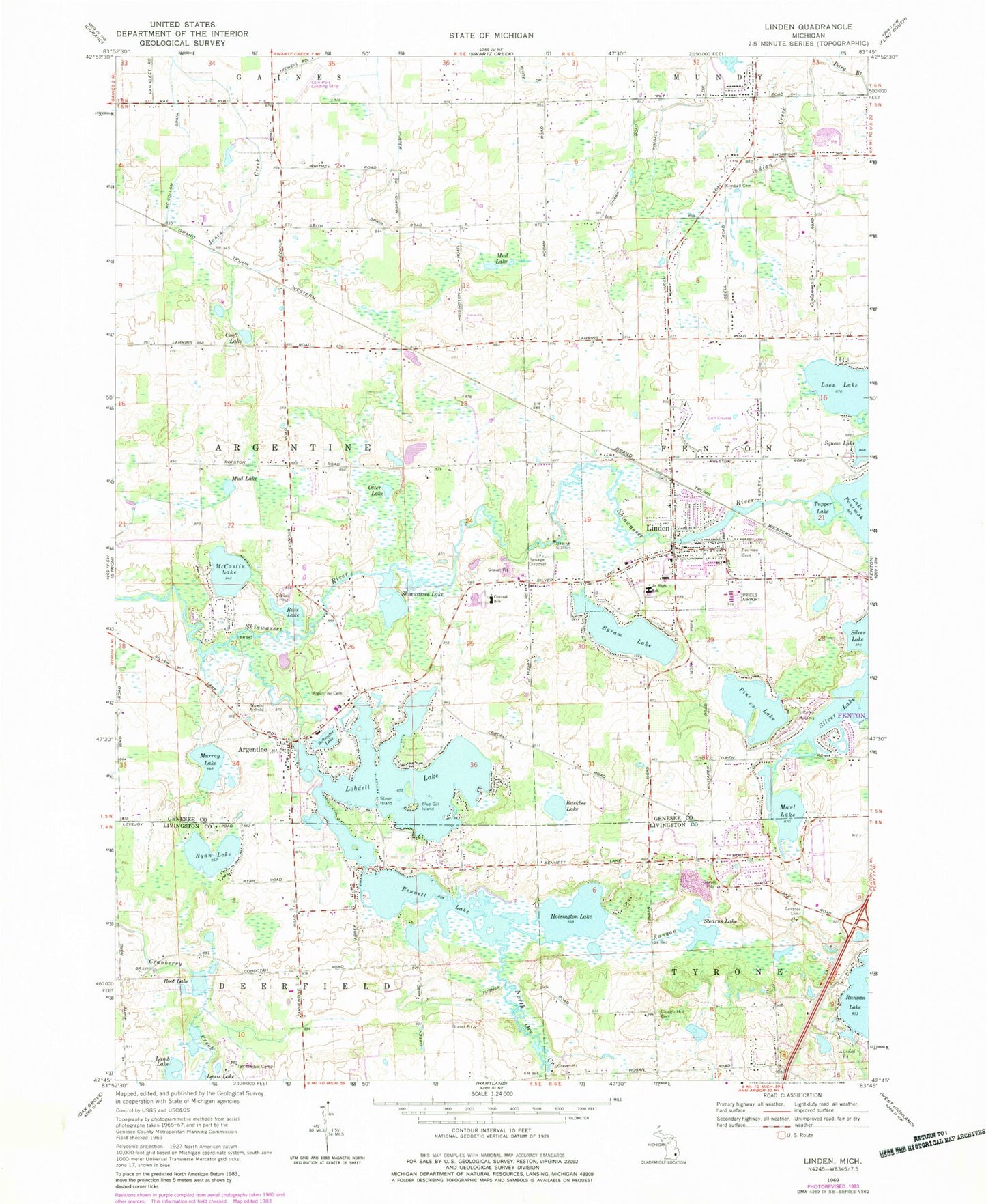 Classic USGS Linden Michigan 7.5'x7.5' Topo Map Image