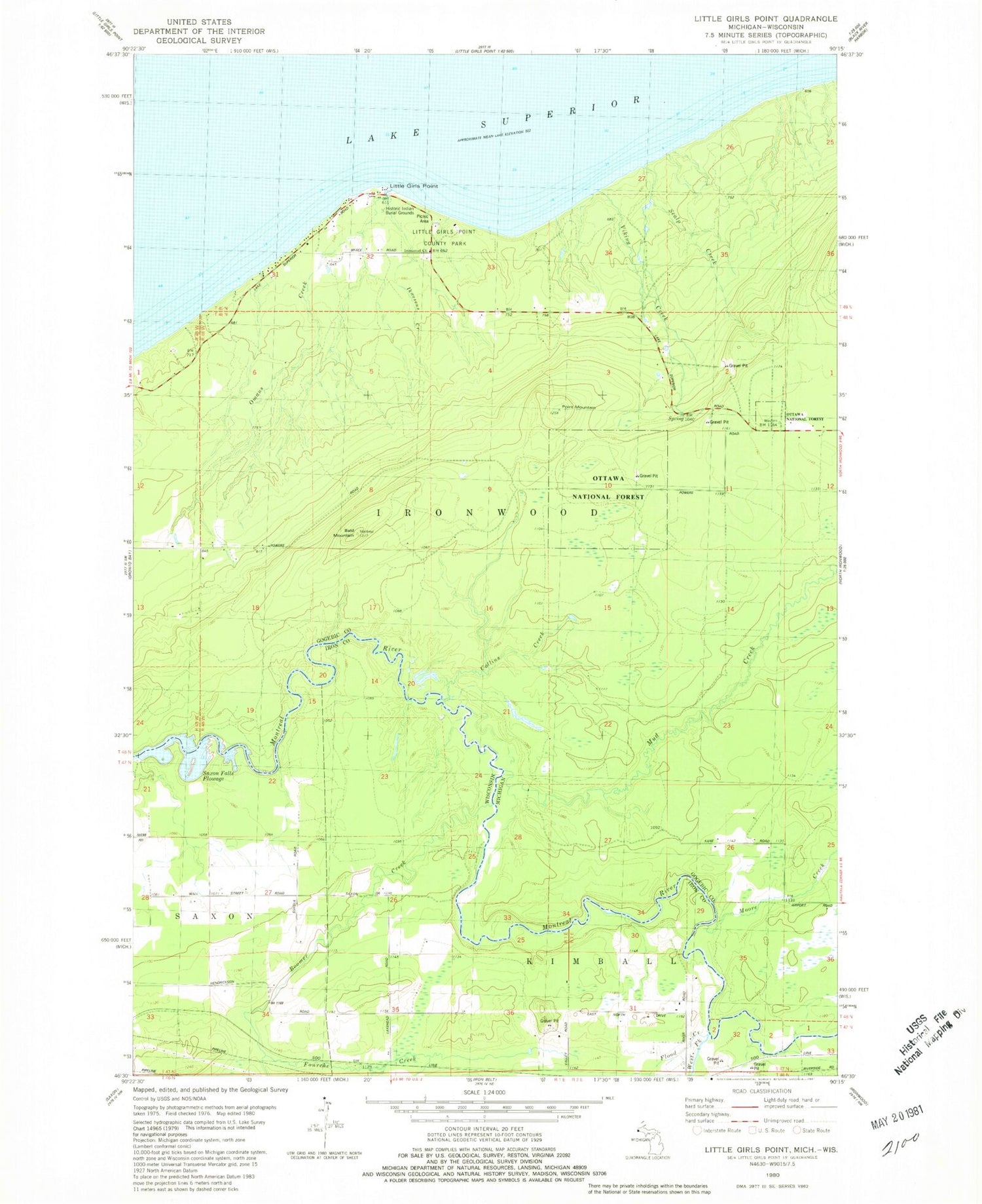 Classic USGS Little Girls Point Michigan 7.5'x7.5' Topo Map Image