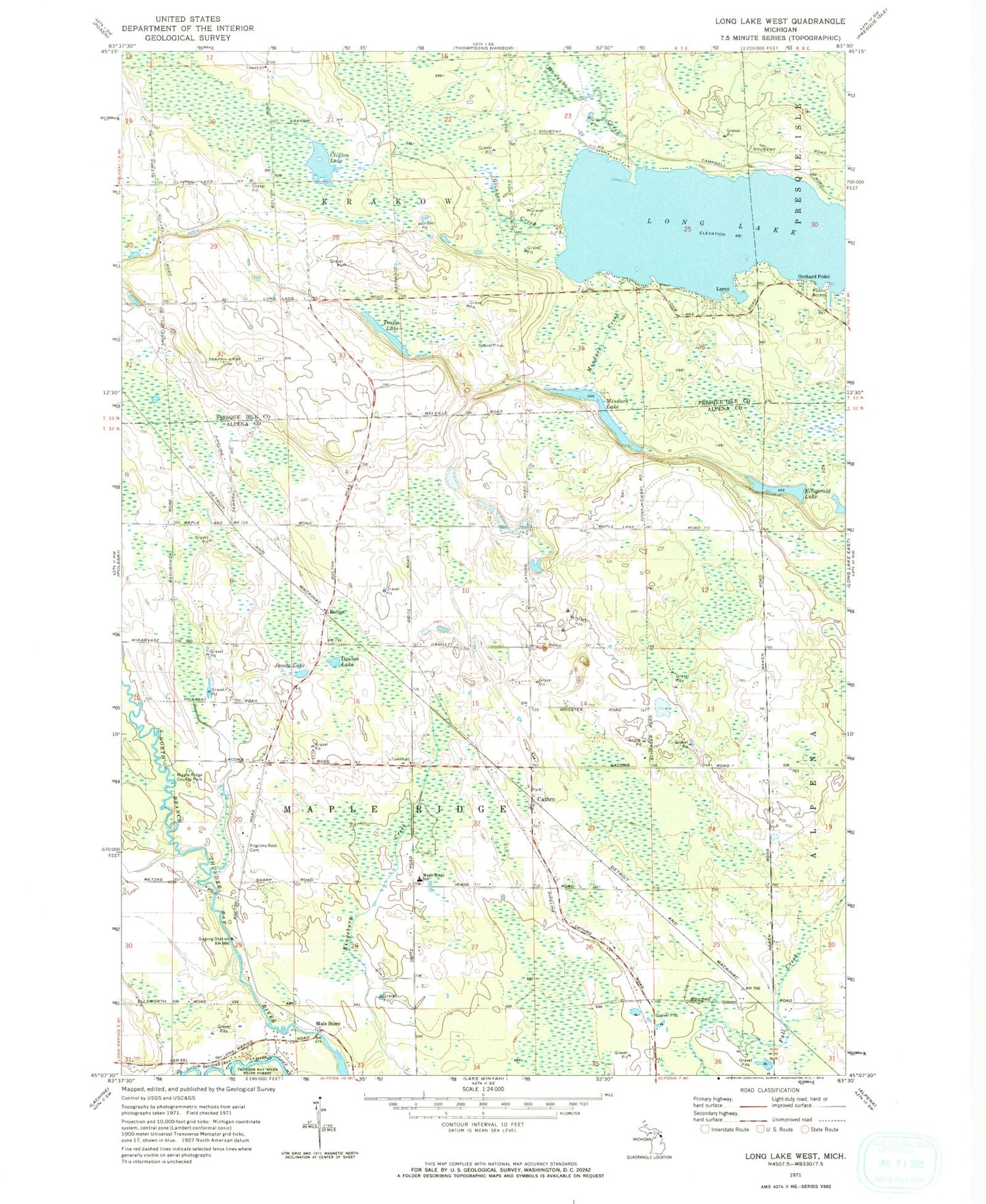 Classic USGS Long Lake West Michigan 7.5'x7.5' Topo Map Image