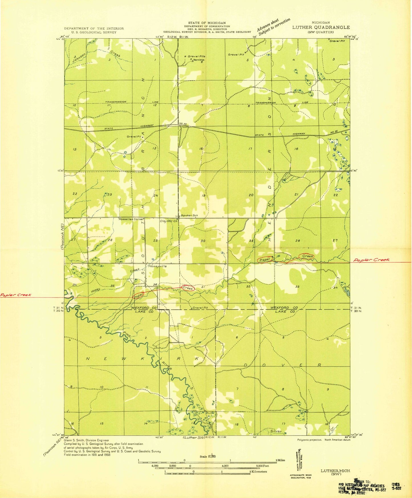 Classic USGS Hoxeyville Michigan 7.5'x7.5' Topo Map Image