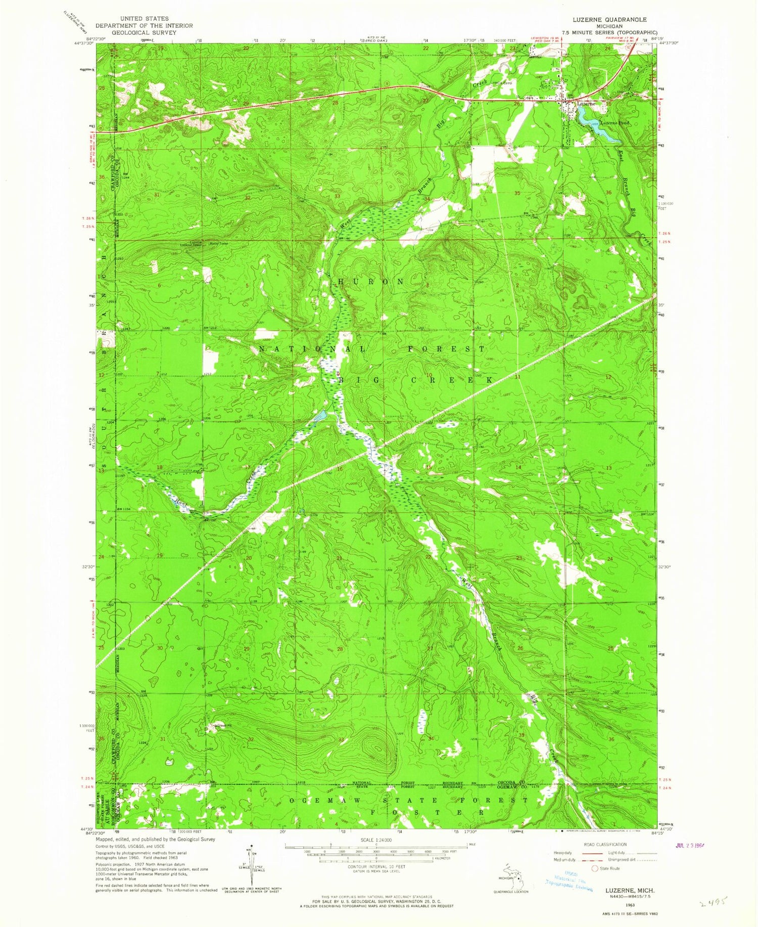 Classic USGS Luzerne Michigan 7.5'x7.5' Topo Map Image