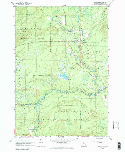 Classic USGS Luzerne NW Michigan 7.5'x7.5' Topo Map Image