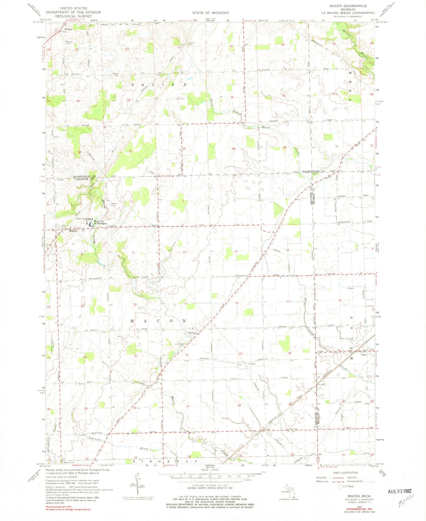 Classic USGS Macon Michigan 7.5'x7.5' Topo Map Image