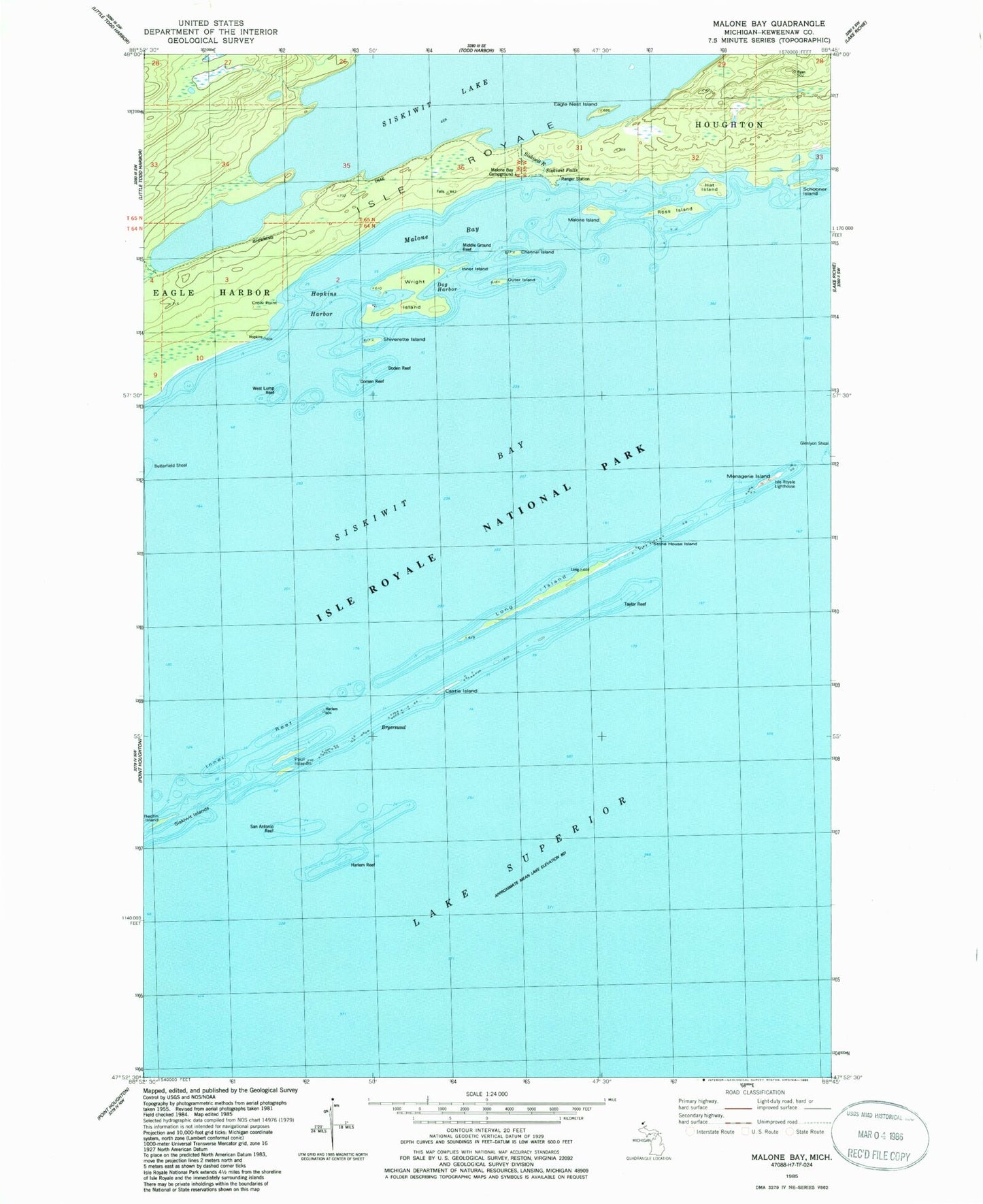Classic USGS Malone Bay Michigan 7.5'x7.5' Topo Map Image