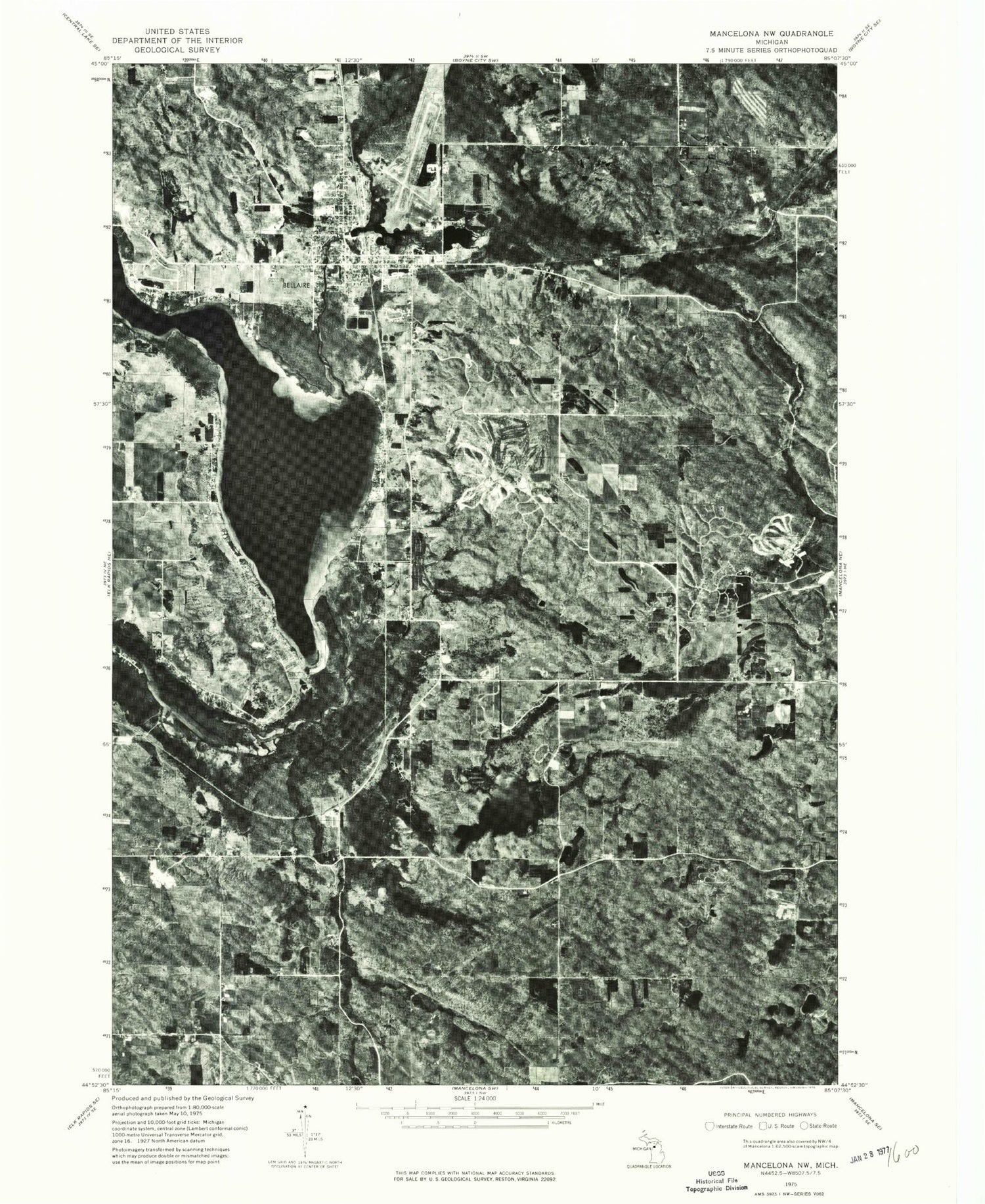 Classic USGS Bellaire Michigan 7.5'x7.5' Topo Map Image
