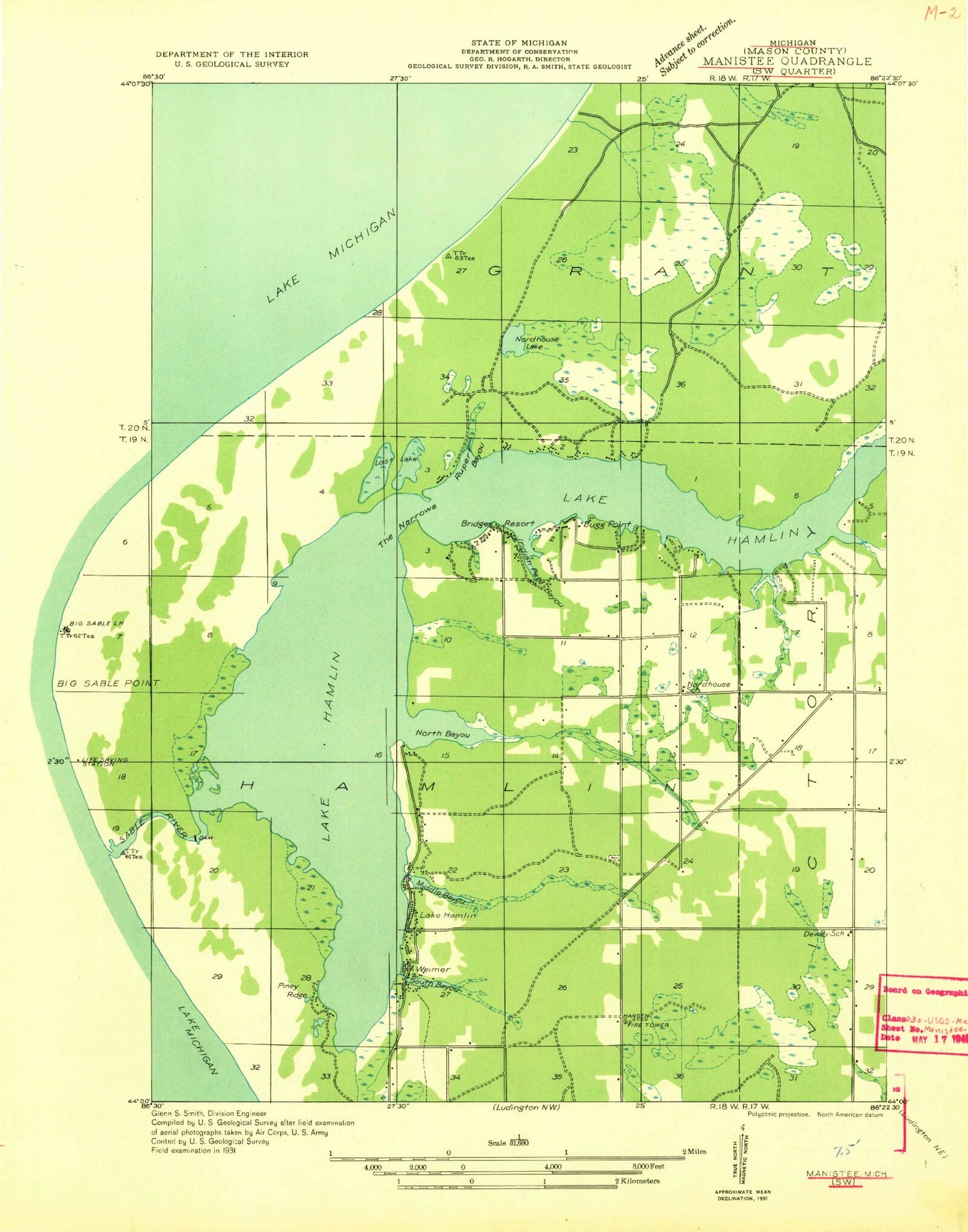 Classic USGS Hamlin Lake Michigan 7.5'x7.5' Topo Map Image