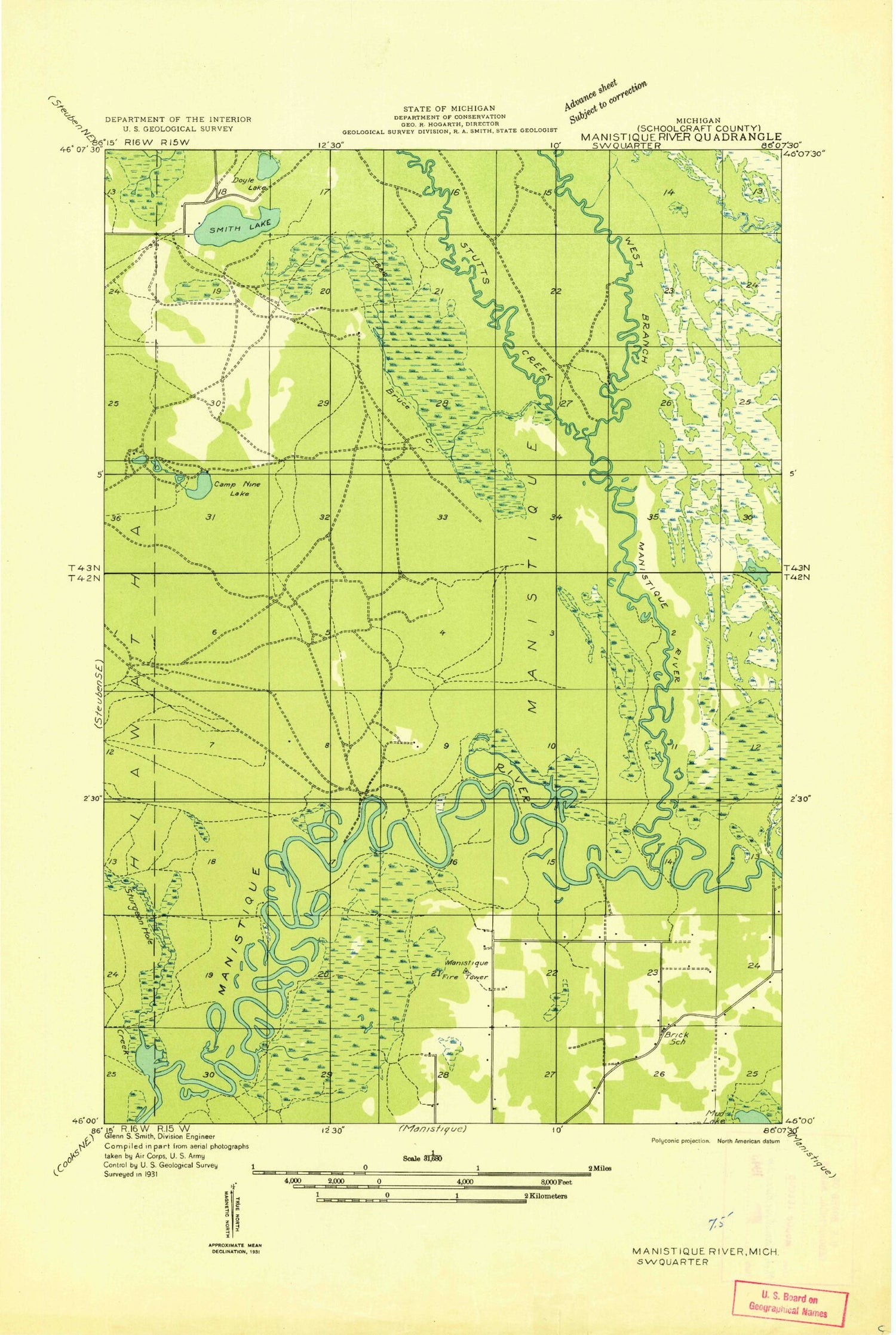Classic USGS Smith Lake Michigan 7.5'x7.5' Topo Map Image