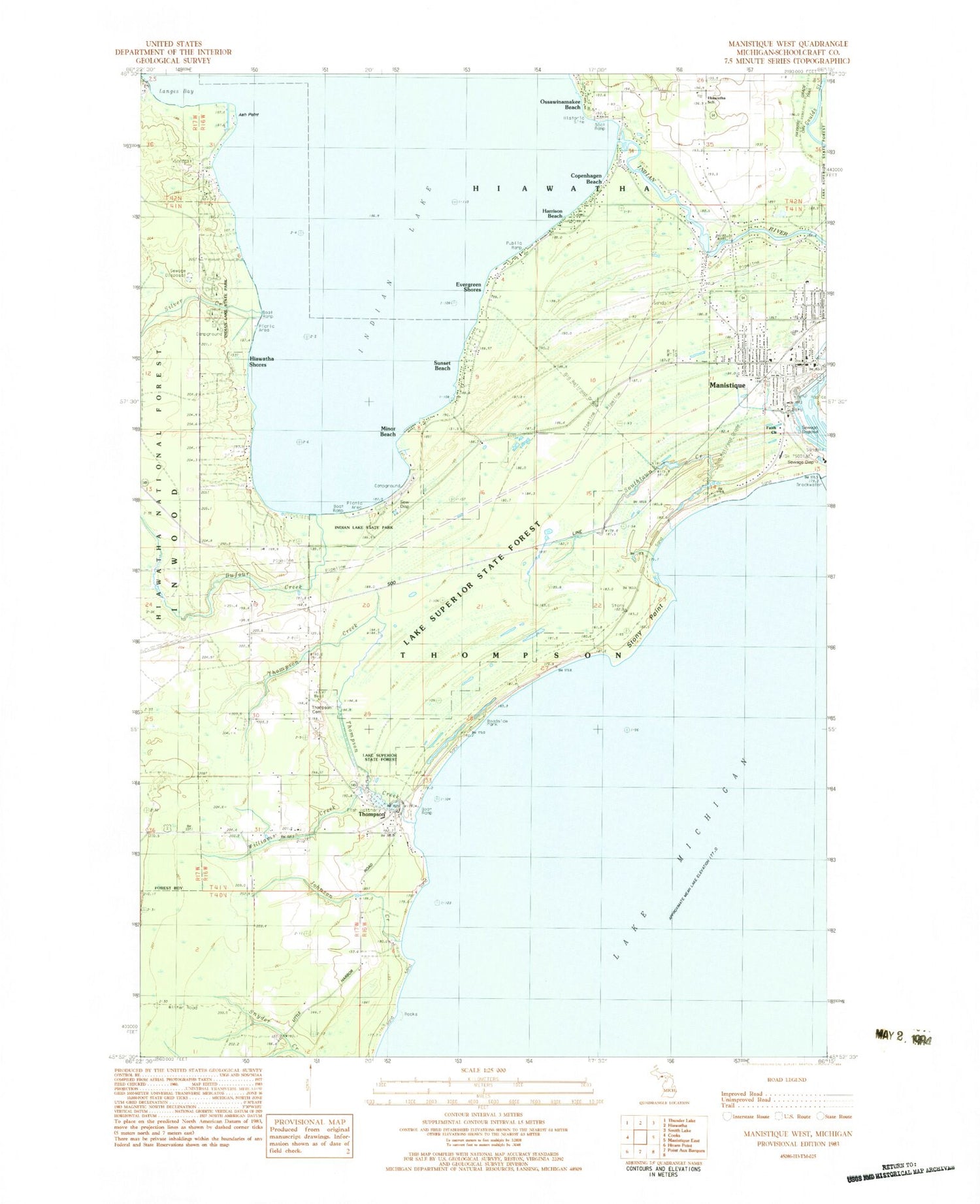 Classic USGS Manistique West Michigan 7.5'x7.5' Topo Map Image