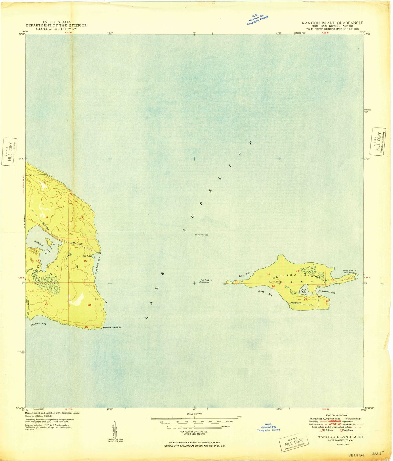 Classic USGS Manitou Island Michigan 7.5'x7.5' Topo Map Image