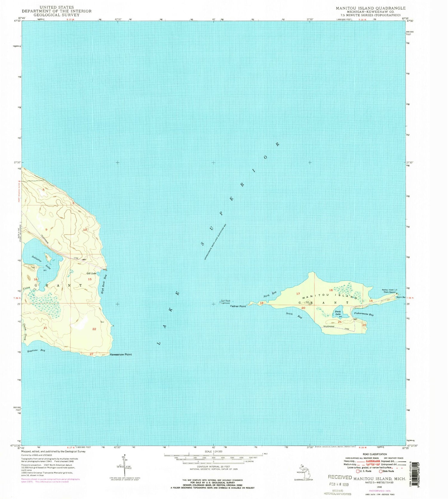 Classic USGS Manitou Island Michigan 7.5'x7.5' Topo Map Image