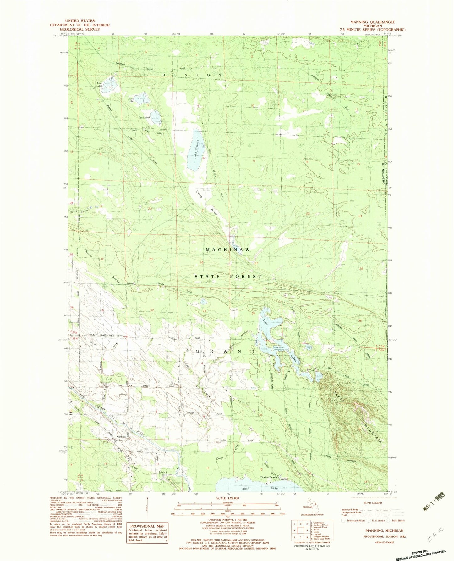 Classic USGS Manning Michigan 7.5'x7.5' Topo Map Image